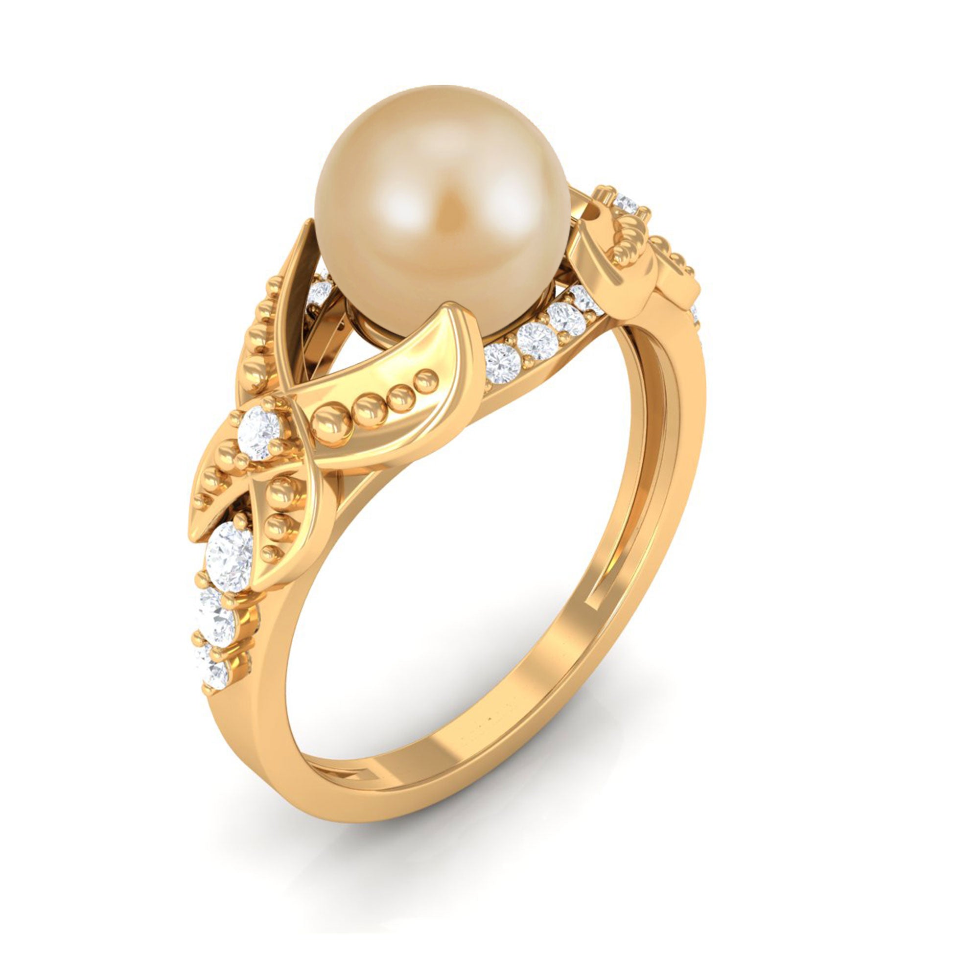 Rosec Jewels-Vintage Style South Sea Pearl and Diamond Engagement Ring with Split Shank