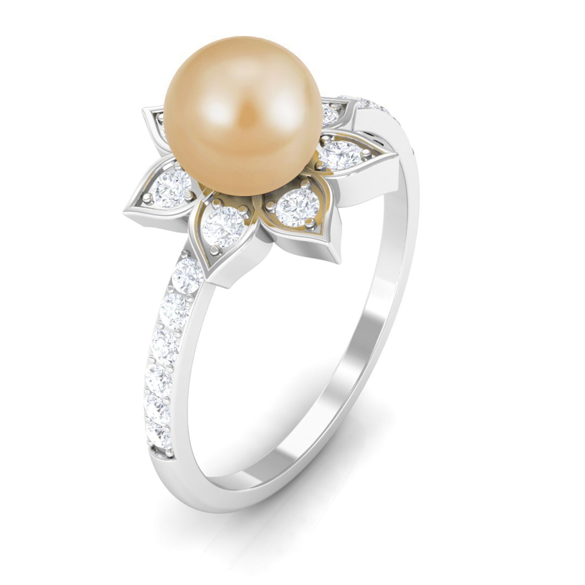 Rosec Jewels-3 CT South Sea Pearl and Diamond Flower Engagement Ring