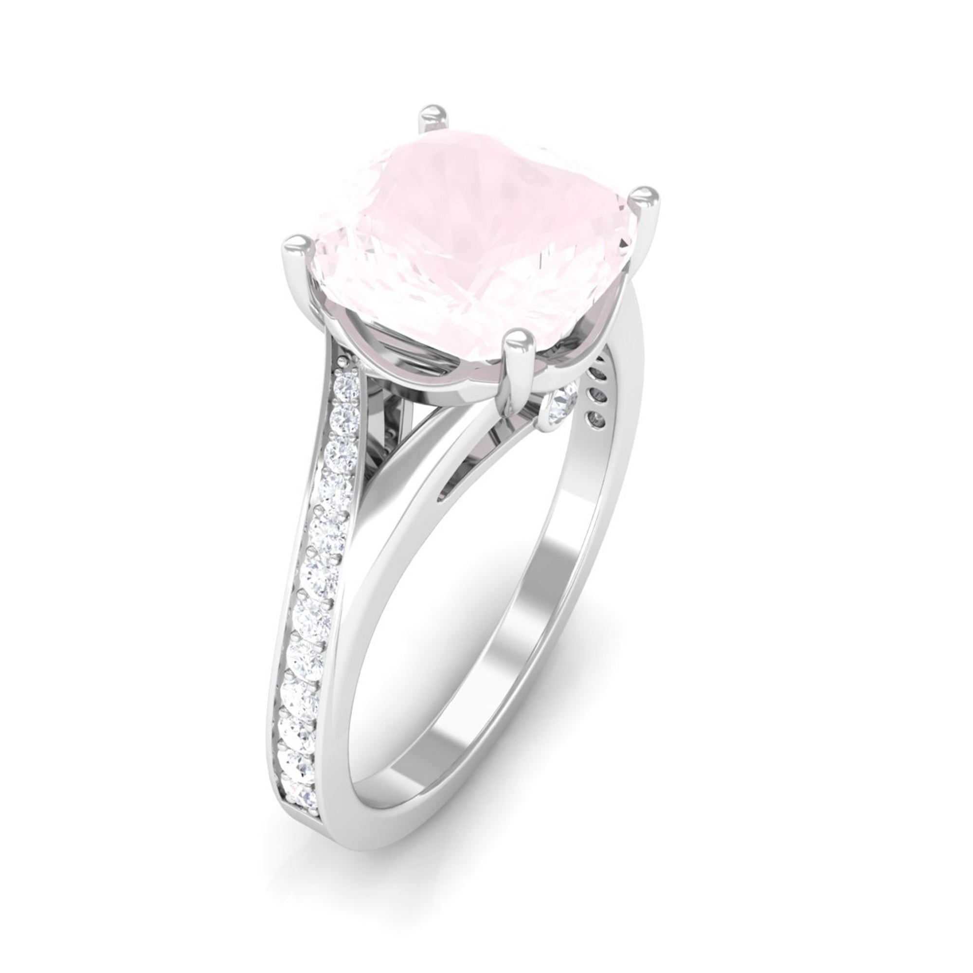 Rosec Jewels-Cushion Cut Rose Quartz and Diamond Engagement Ring with Split Shank