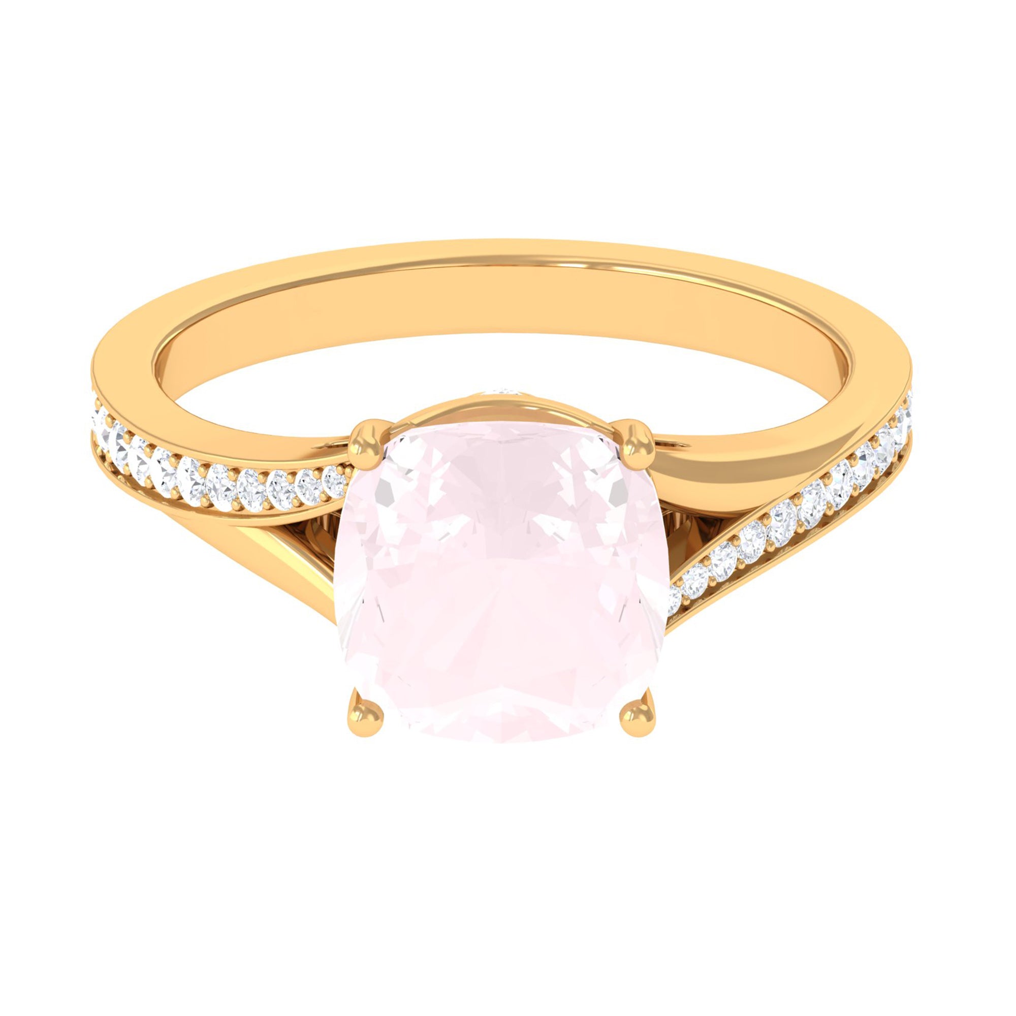 Rosec Jewels-Cushion Cut Rose Quartz and Diamond Engagement Ring with Split Shank