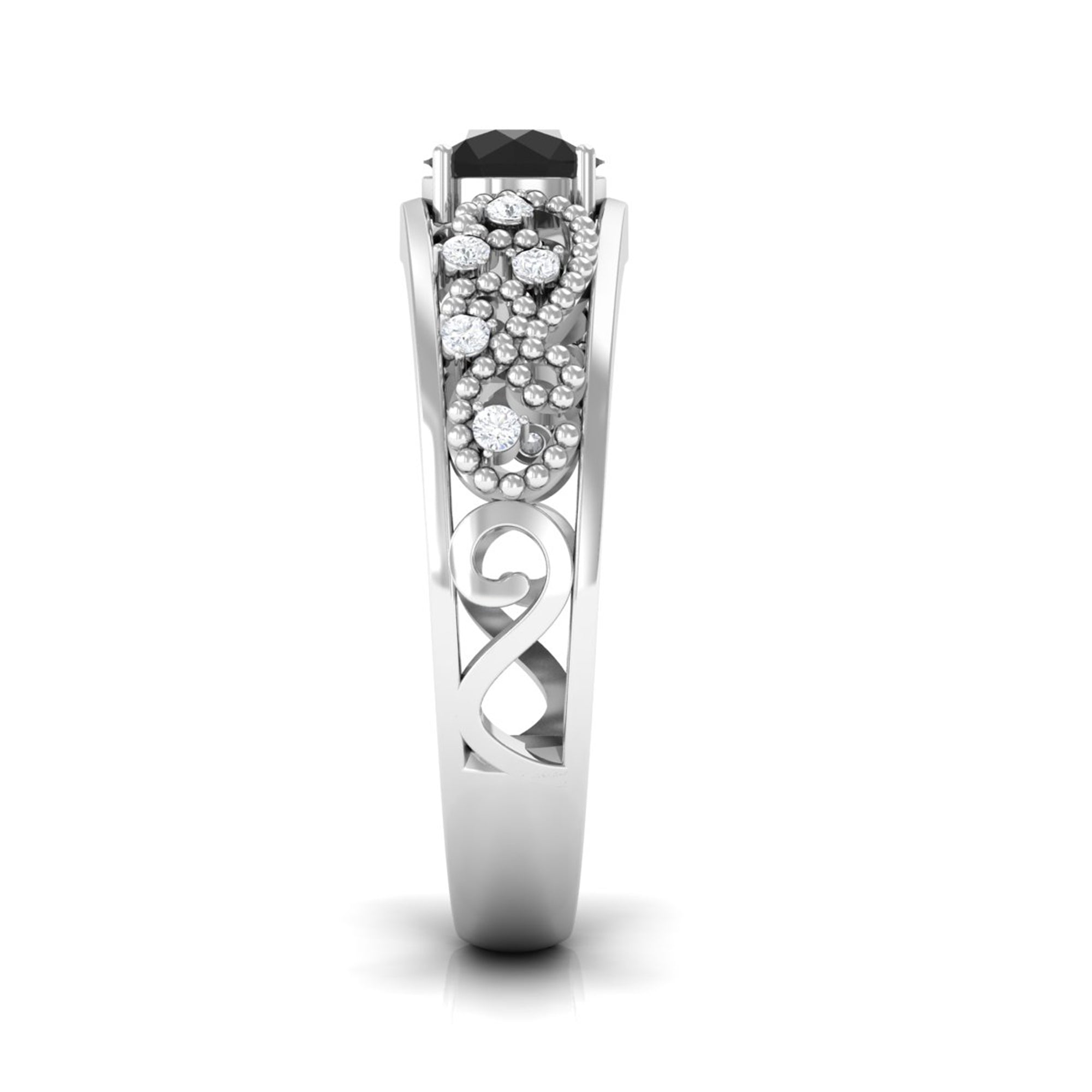 Rosec Jewels-1 CT Beaded Created Black Diamond Solitaire Band Ring with Diamond Accent