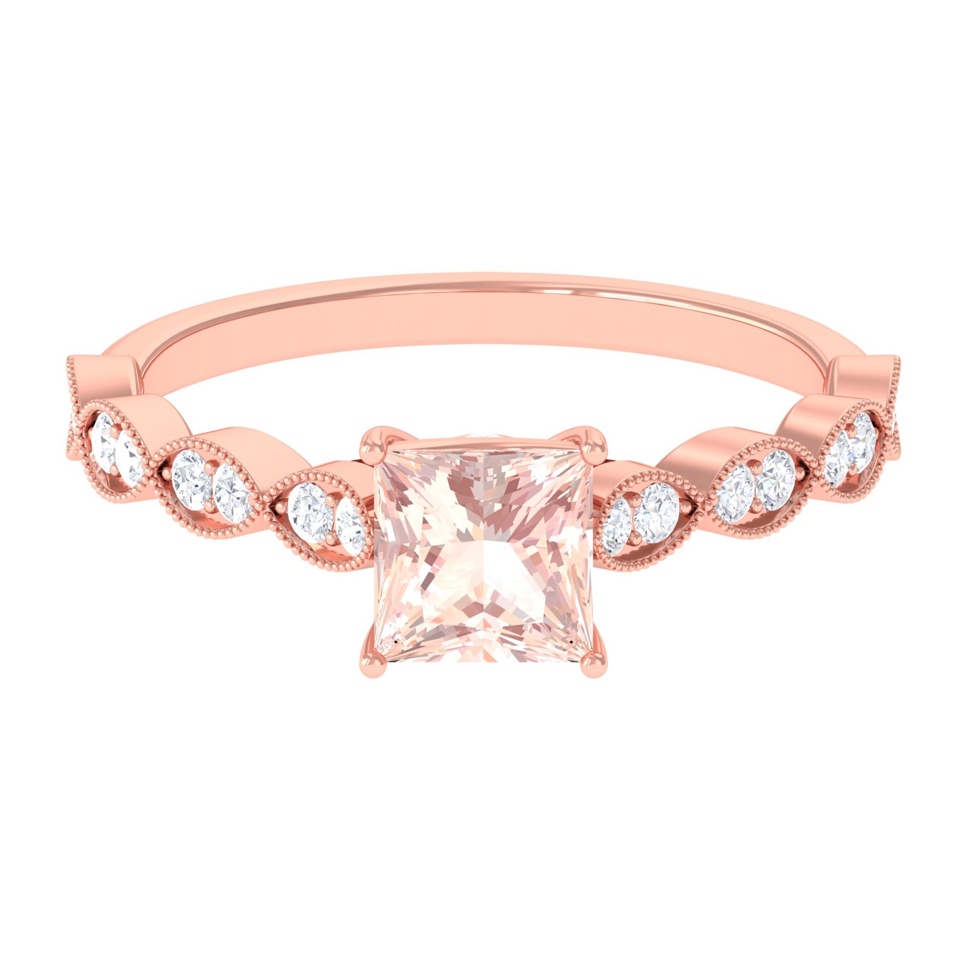 Rosec Jewels-1.25 CT Princess Cut Morganite Solitaire Ring with Diamond Side Stones