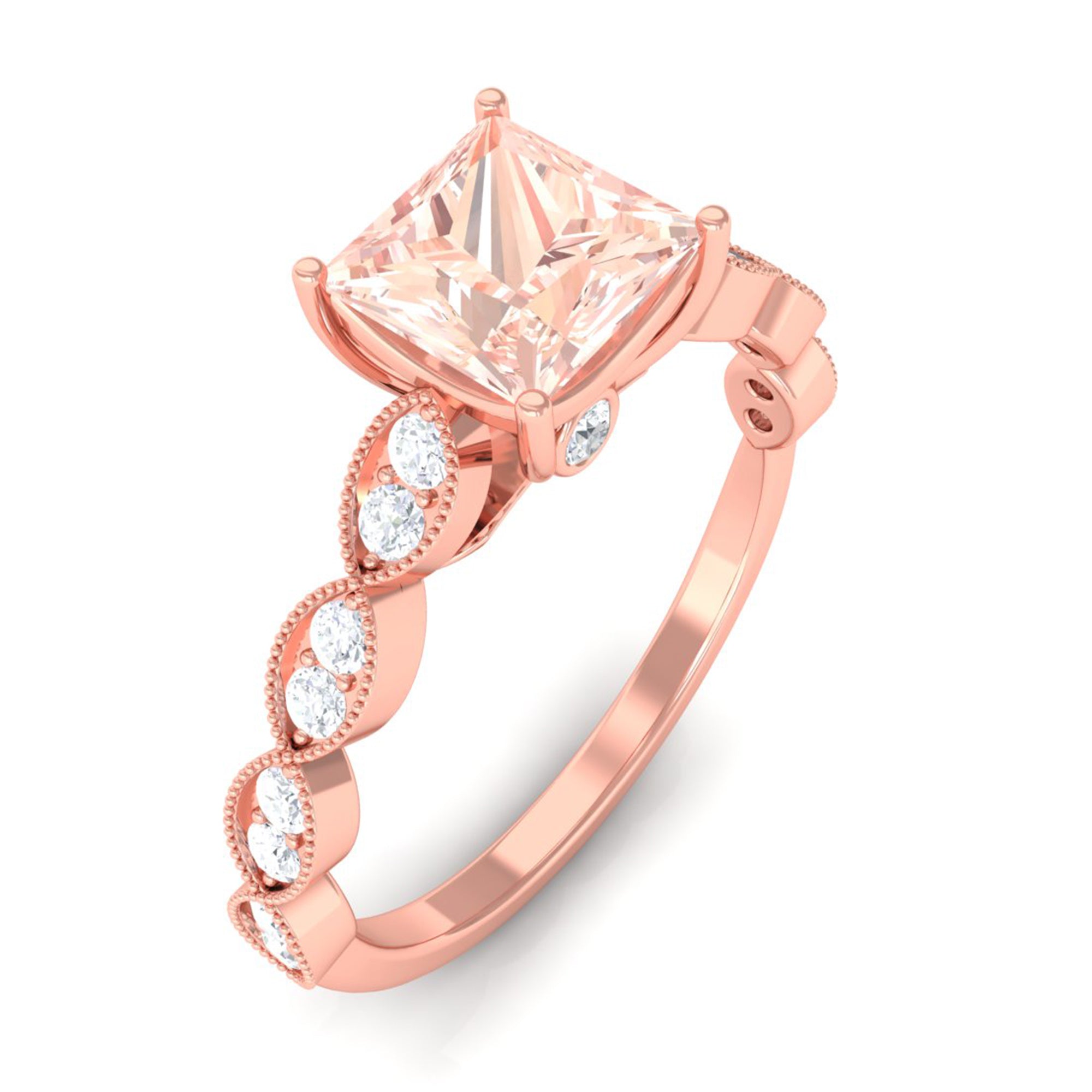 Rosec Jewels-1.25 CT Princess Cut Morganite Solitaire Ring with Diamond Side Stones