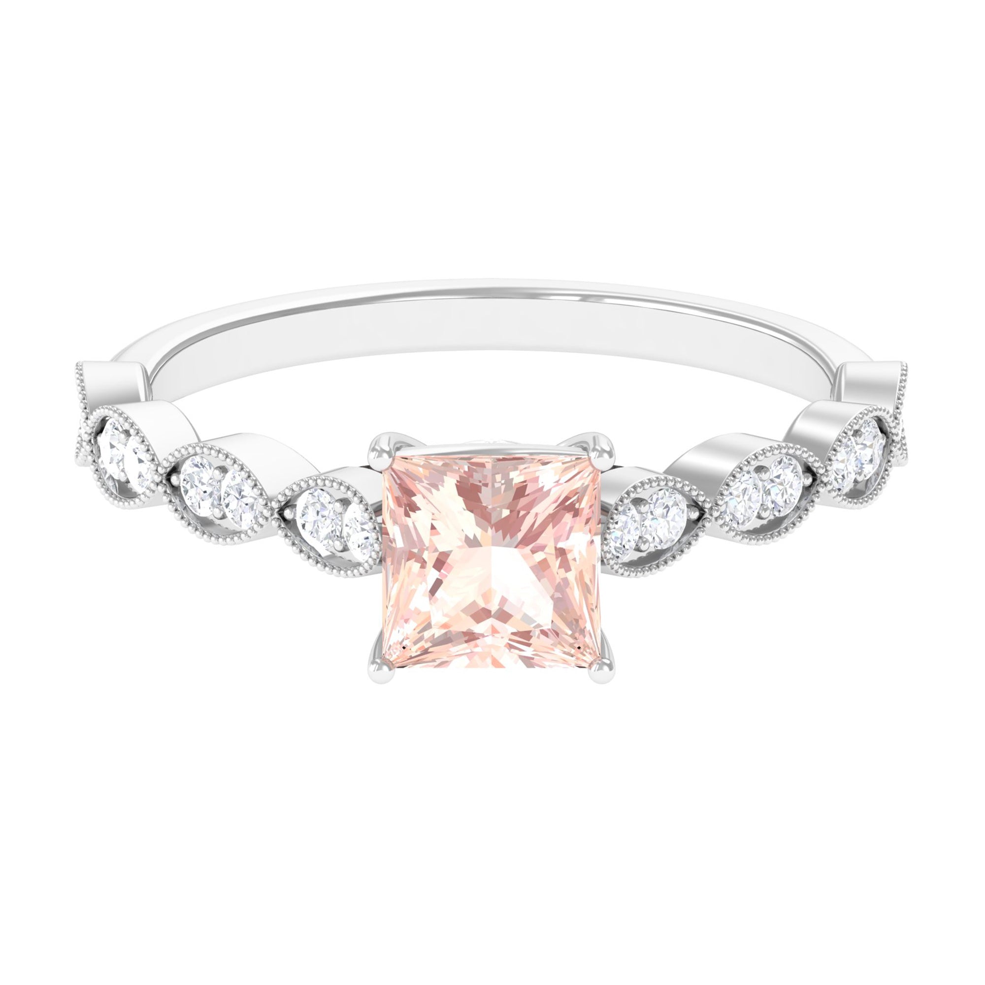 Rosec Jewels-1.25 CT Princess Cut Morganite Solitaire Ring with Diamond Side Stones