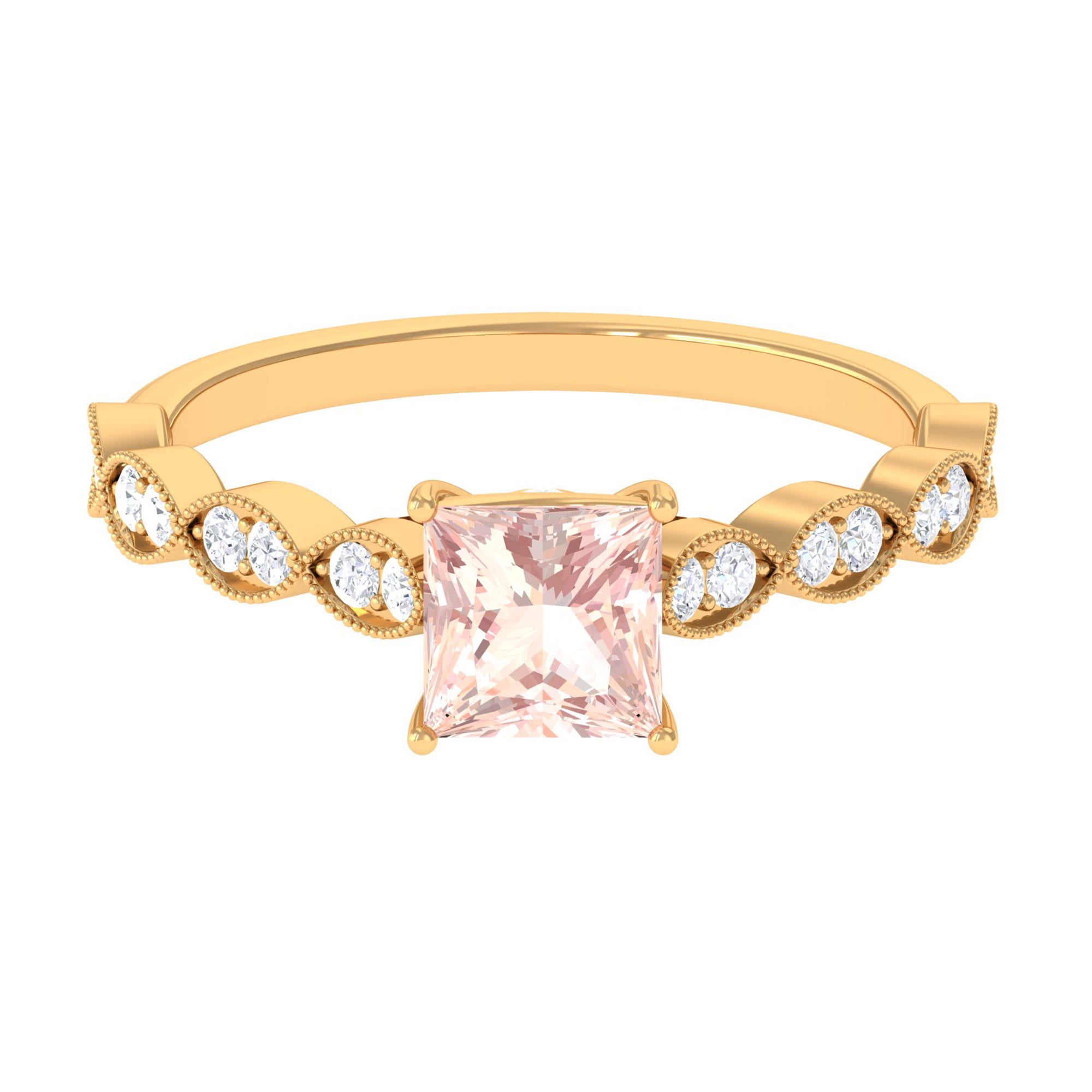 Rosec Jewels-1.25 CT Princess Cut Morganite Solitaire Ring with Diamond Side Stones