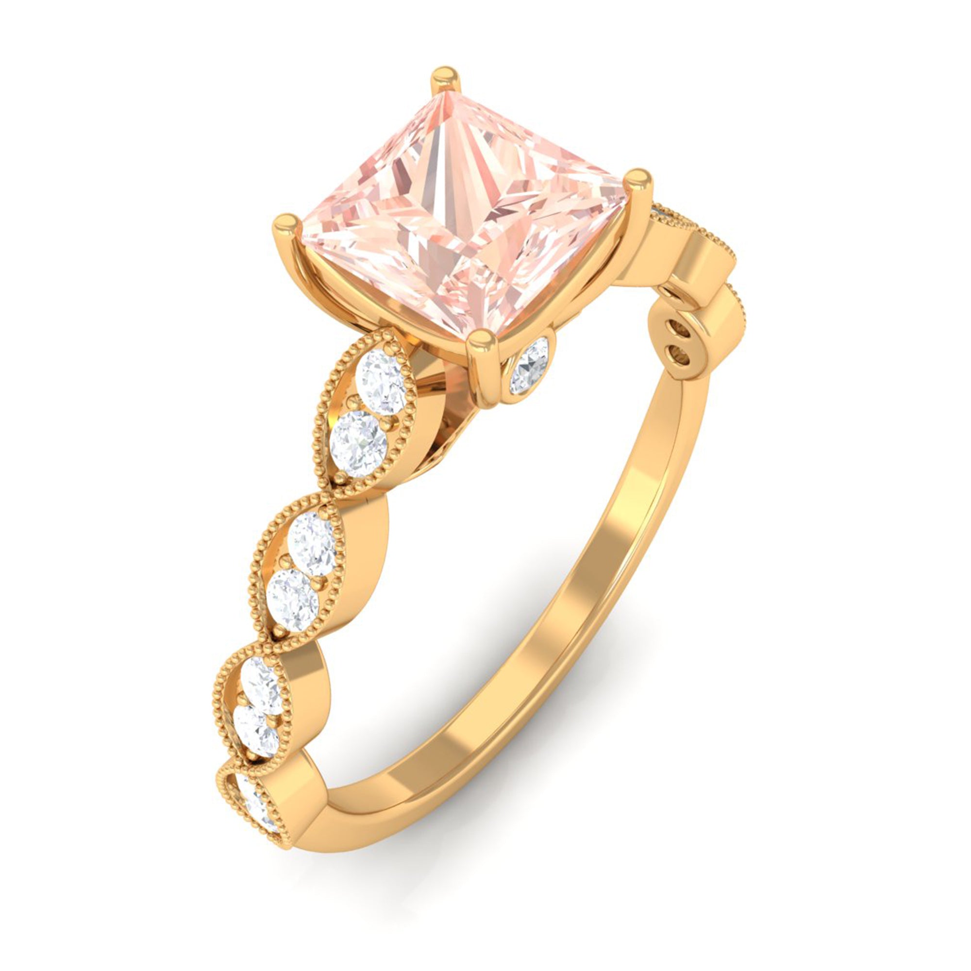 Rosec Jewels-1.25 CT Princess Cut Morganite Solitaire Ring with Diamond Side Stones