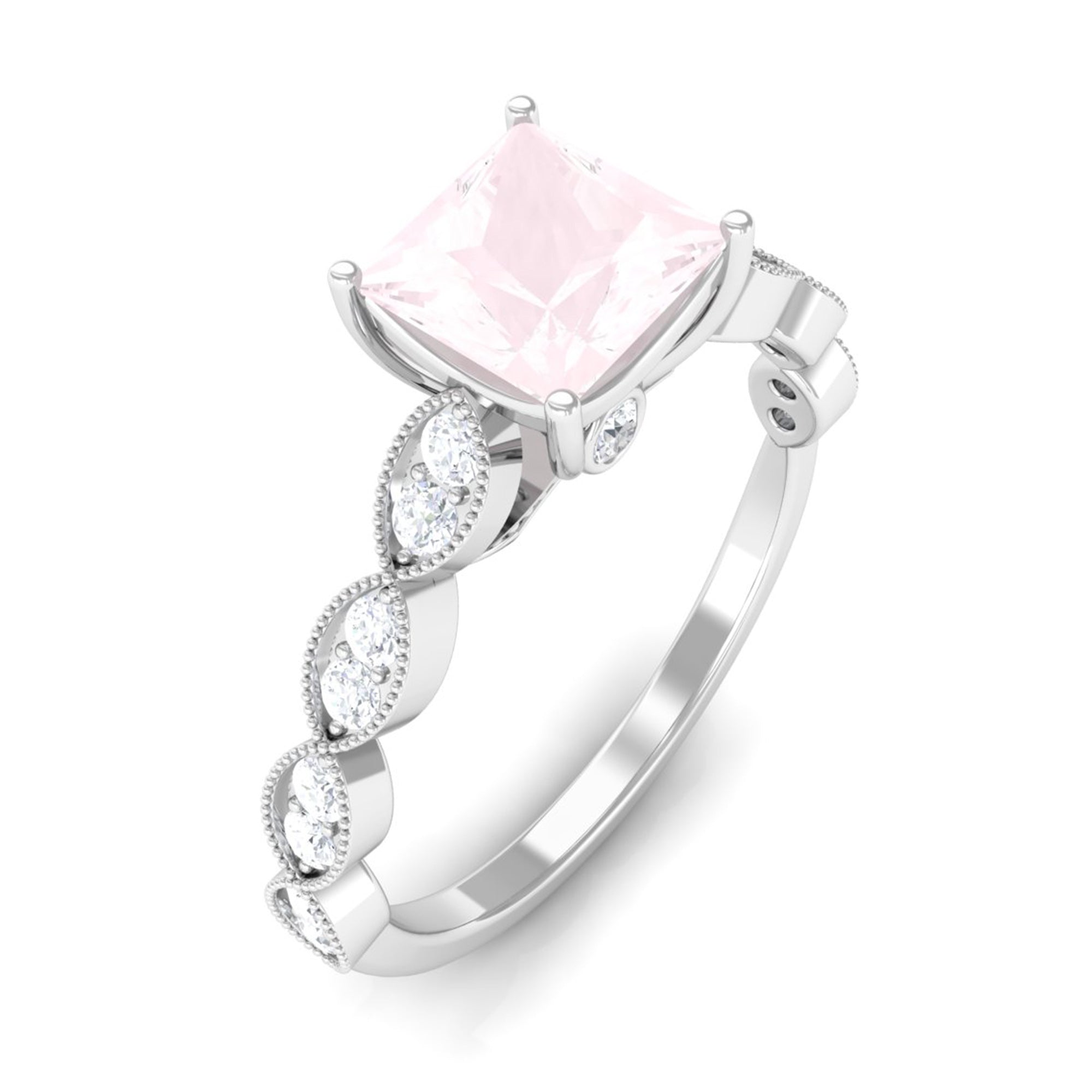 Rosec Jewels-1.5 CT Princess Cut Rose Quartz Engagement Ring with Diamond Side Stones