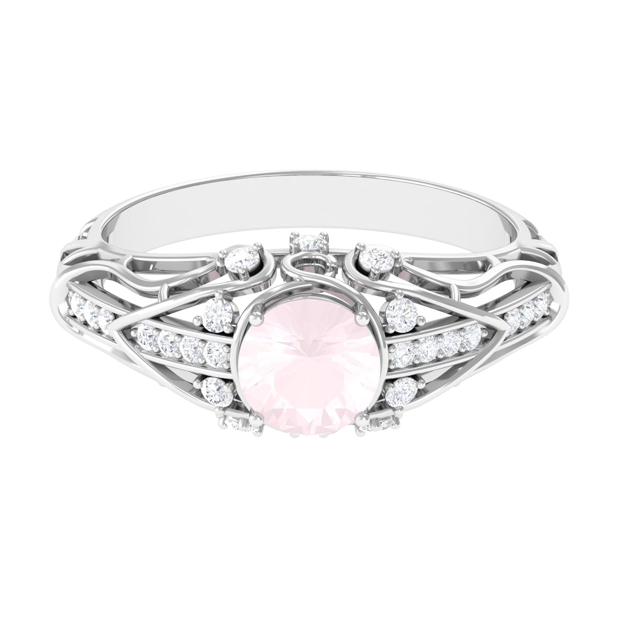 Rosec Jewels-Antique Style Round Rose Quartz Engagement Ring with Diamond