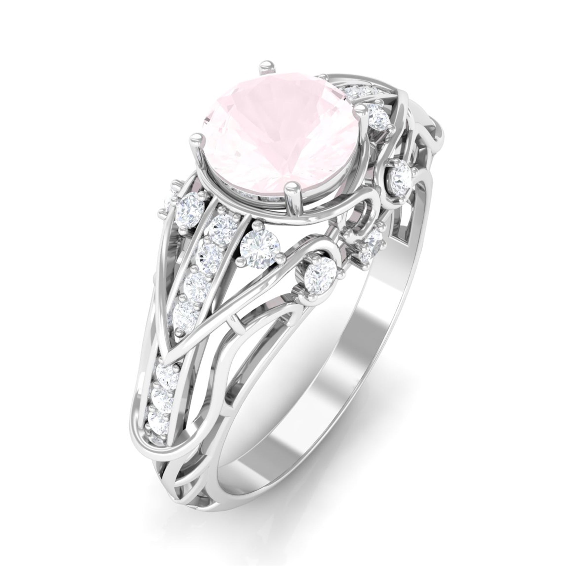 Rosec Jewels-Antique Style Round Rose Quartz Engagement Ring with Diamond