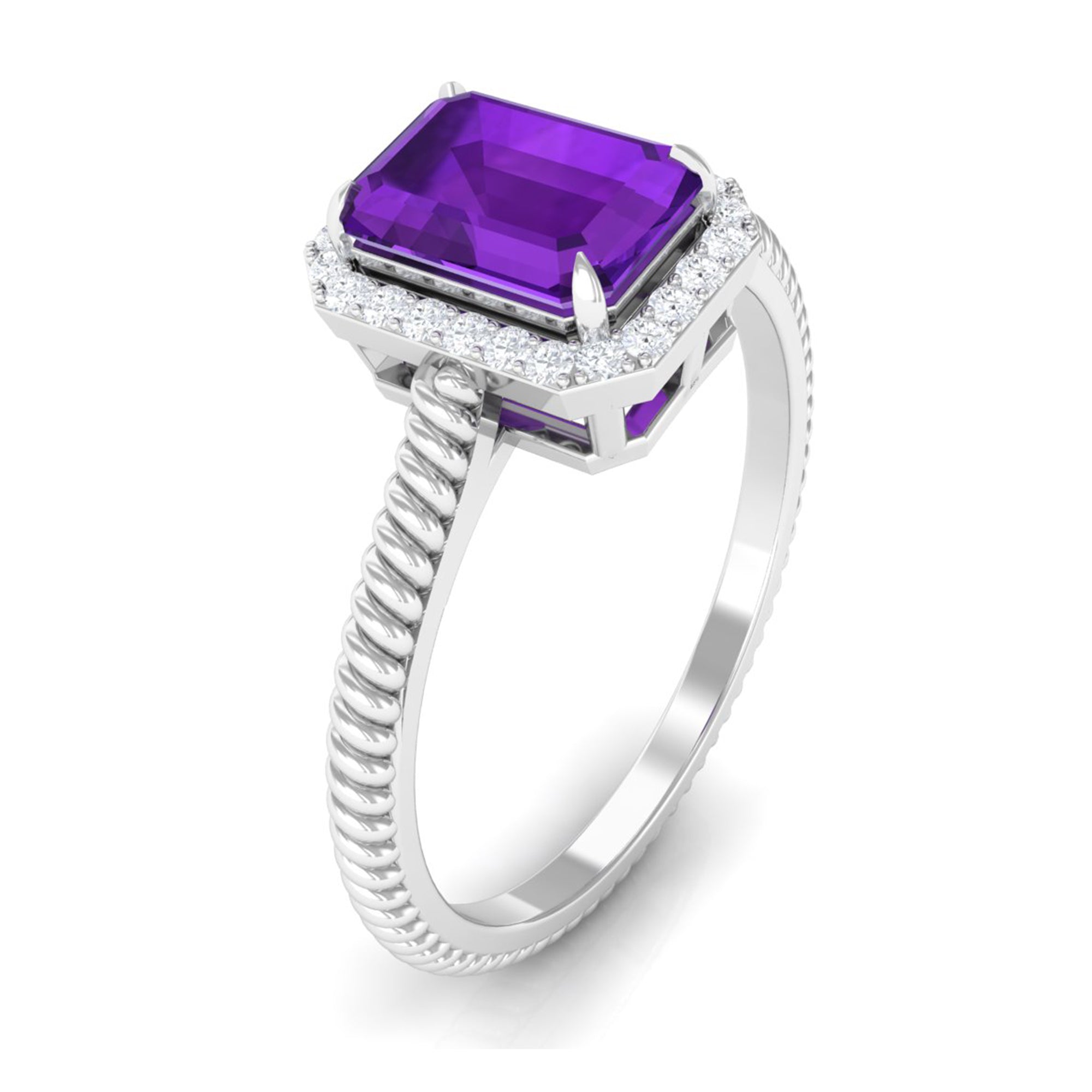 Rosec Jewels-1.5 CT Octagon Cut Amethyst Solitaire Engagement Ring with Diamond Halo