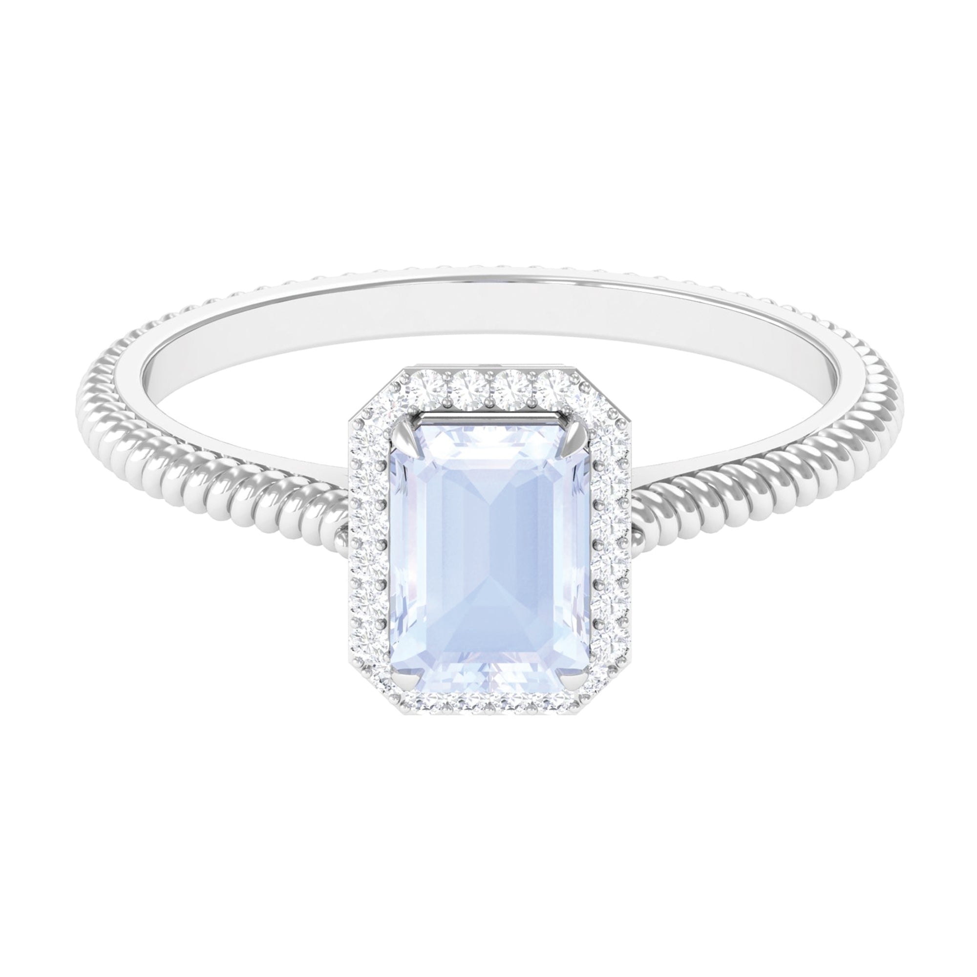 Rosec Jewels-Emerald Cut Moonstone and Diamond Halo Ring