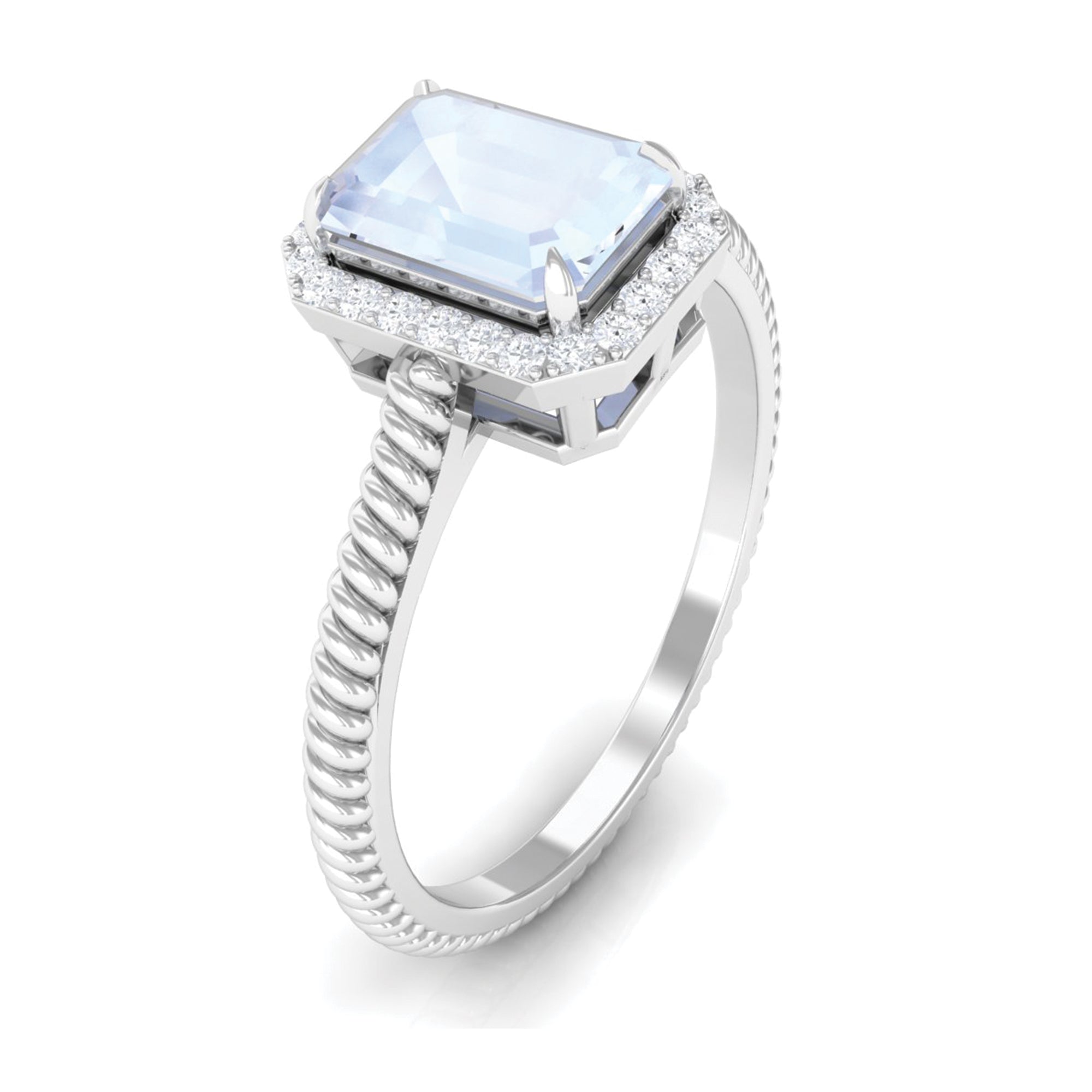 Rosec Jewels-Emerald Cut Moonstone and Diamond Halo Ring