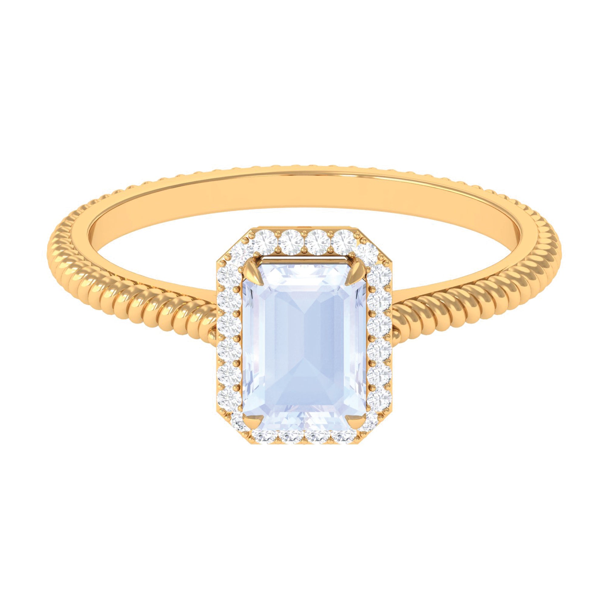 Rosec Jewels-Emerald Cut Moonstone and Diamond Halo Ring