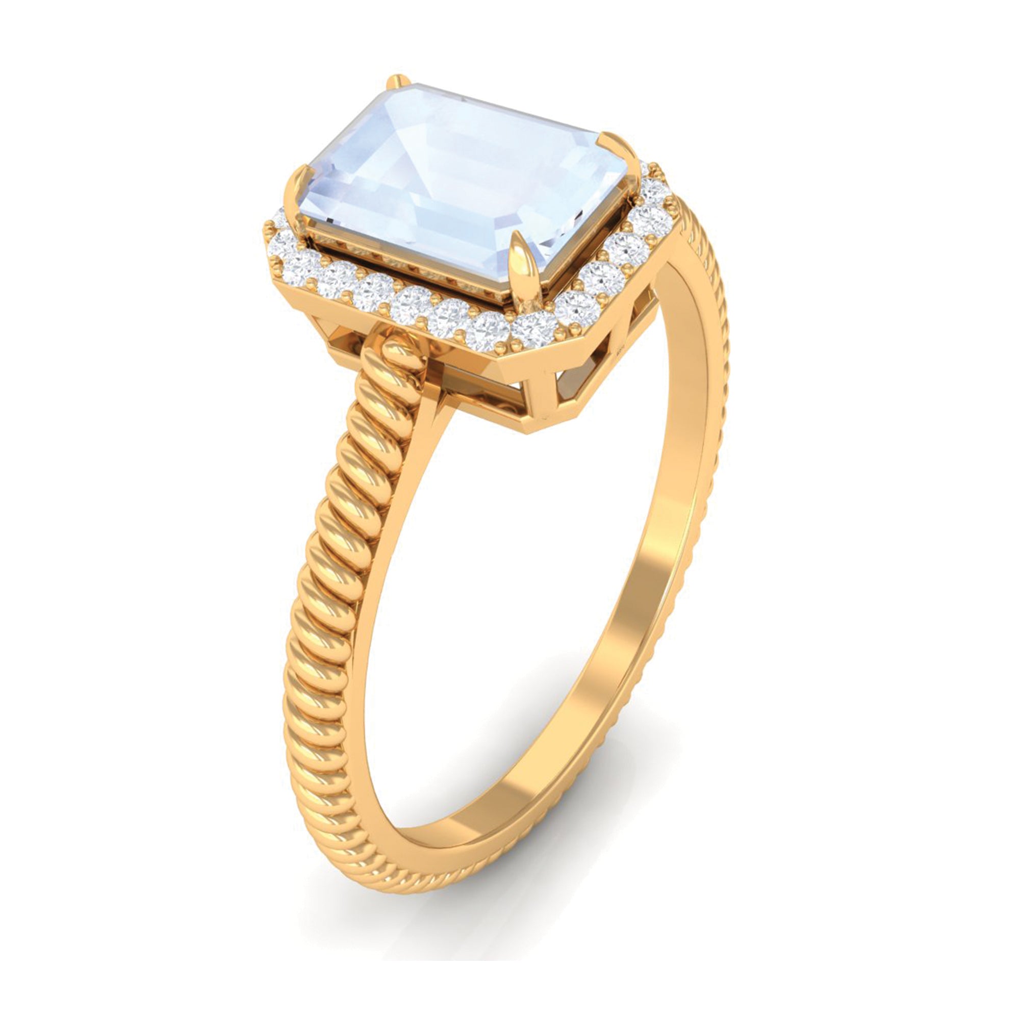 Rosec Jewels-Emerald Cut Moonstone and Diamond Halo Ring