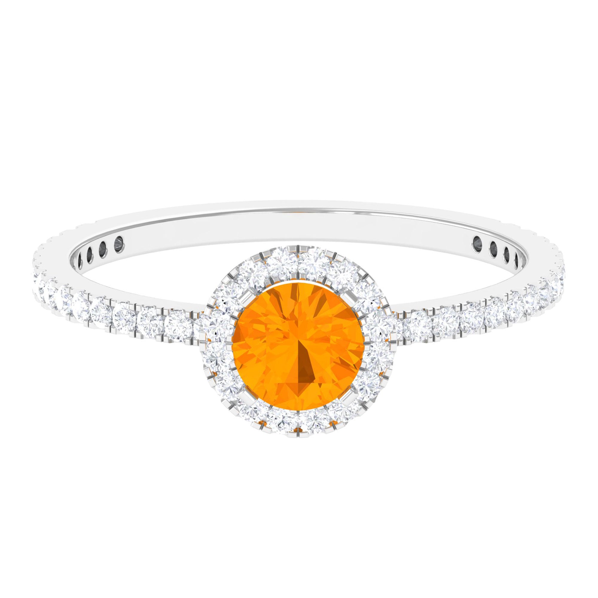 Rosec Jewels-Round Shape Fire Opal Halo Engagement Ring with Diamond