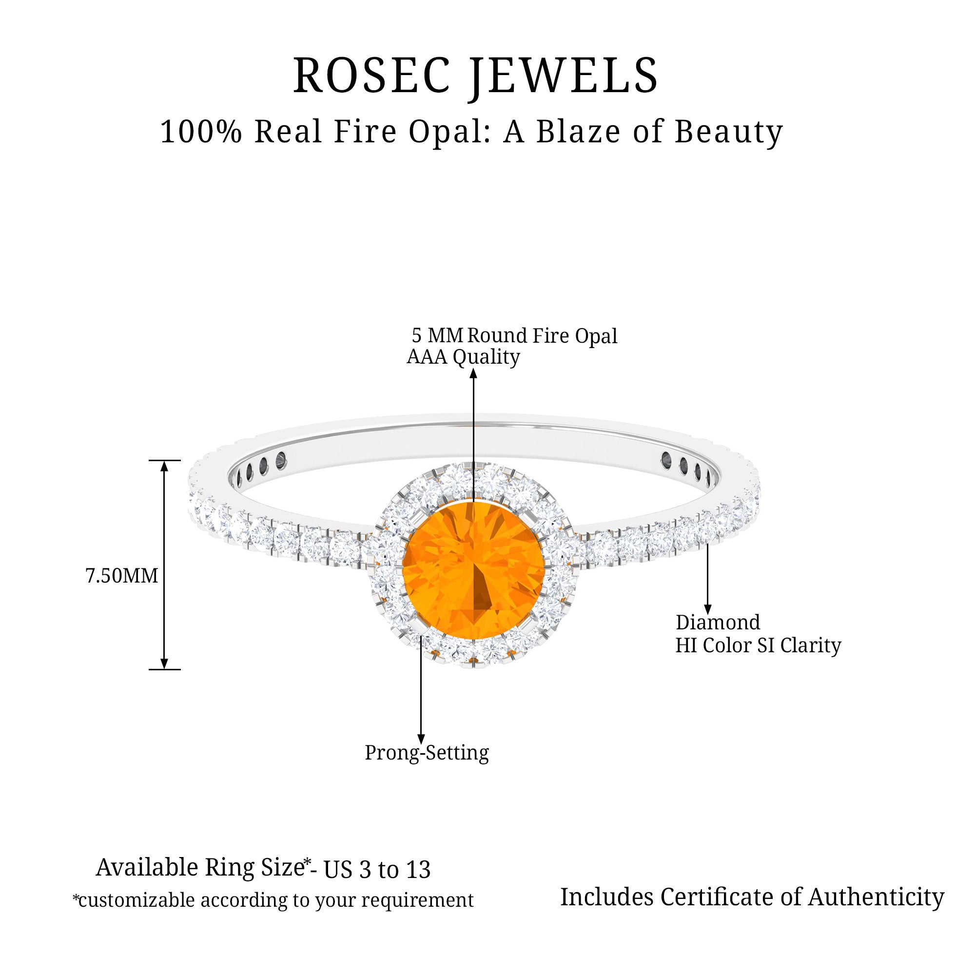 Rosec Jewels-Round Shape Fire Opal Halo Engagement Ring with Diamond