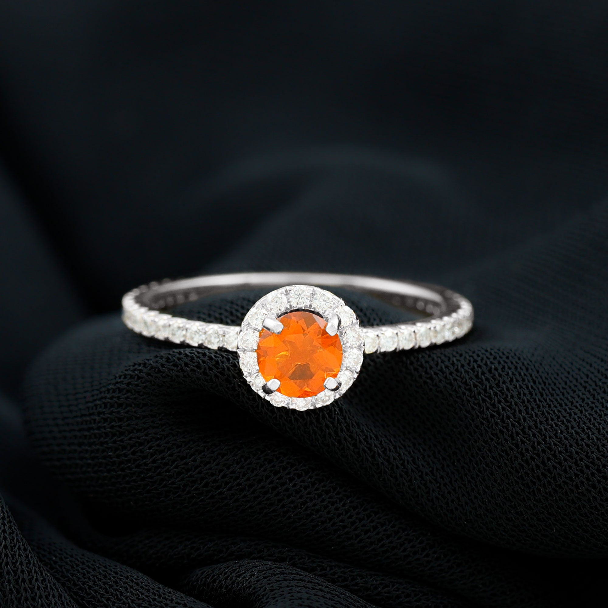 Rosec Jewels-Round Shape Fire Opal Halo Engagement Ring with Diamond