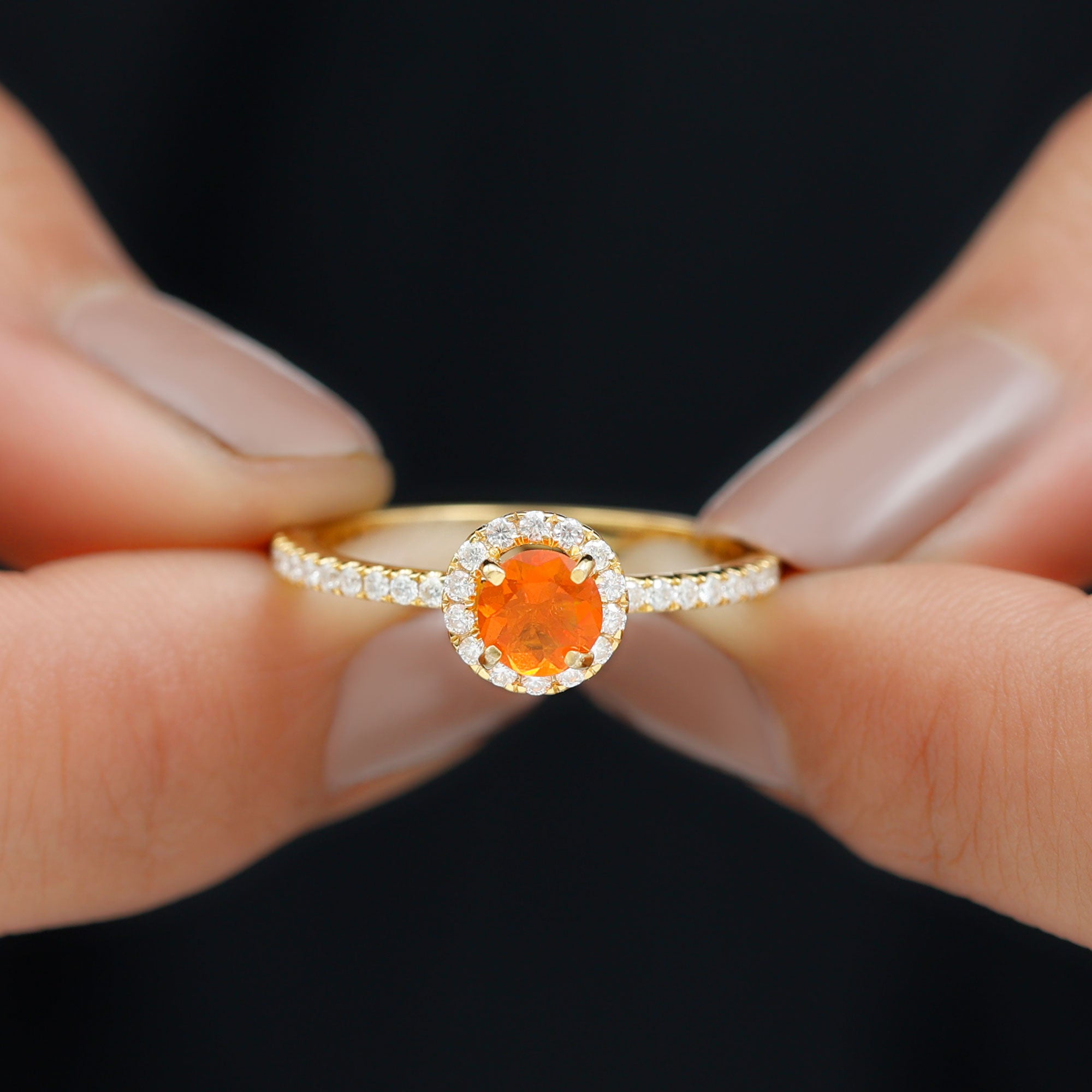 Rosec Jewels-Round Shape Fire Opal Halo Engagement Ring with Diamond