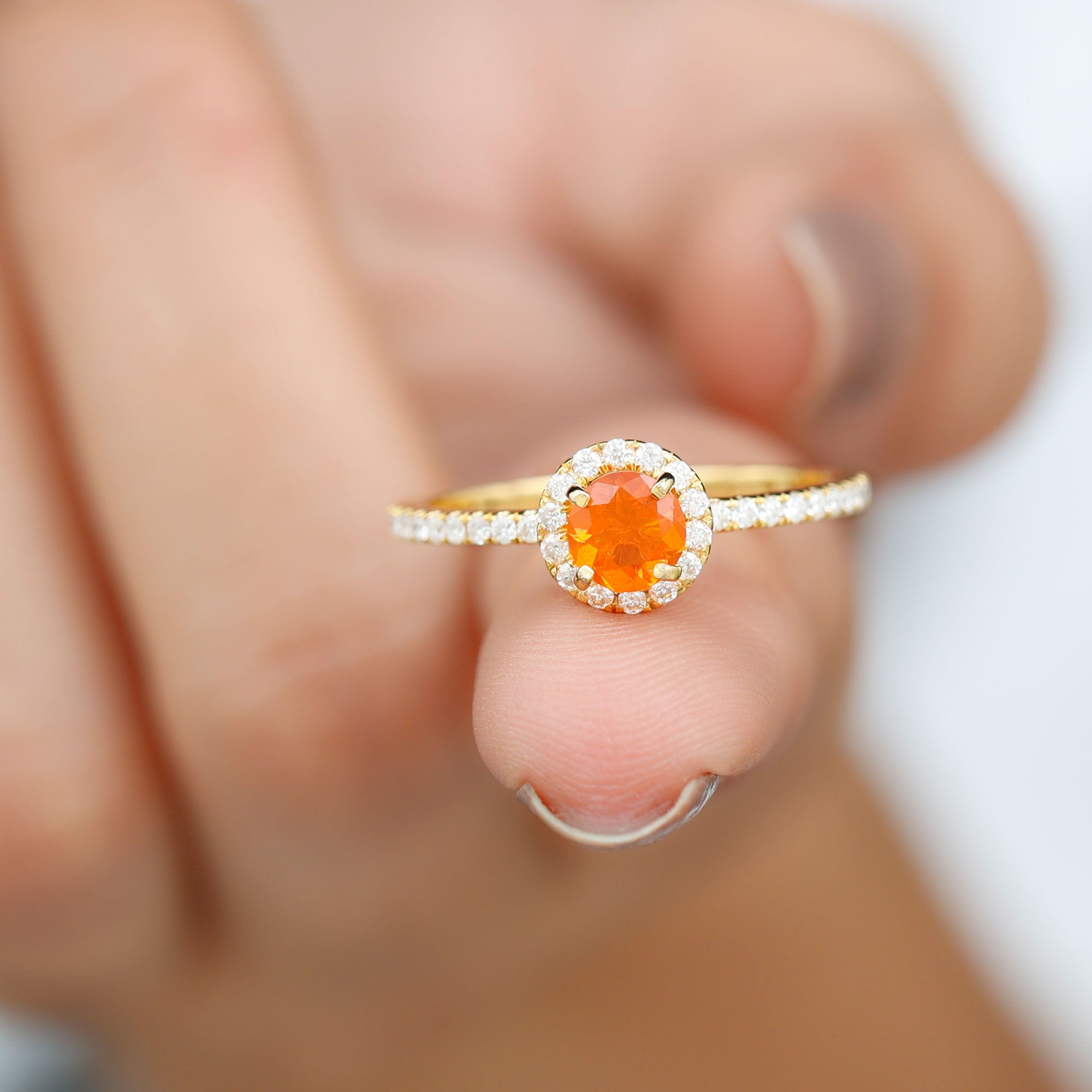 Rosec Jewels-Round Shape Fire Opal Halo Engagement Ring with Diamond