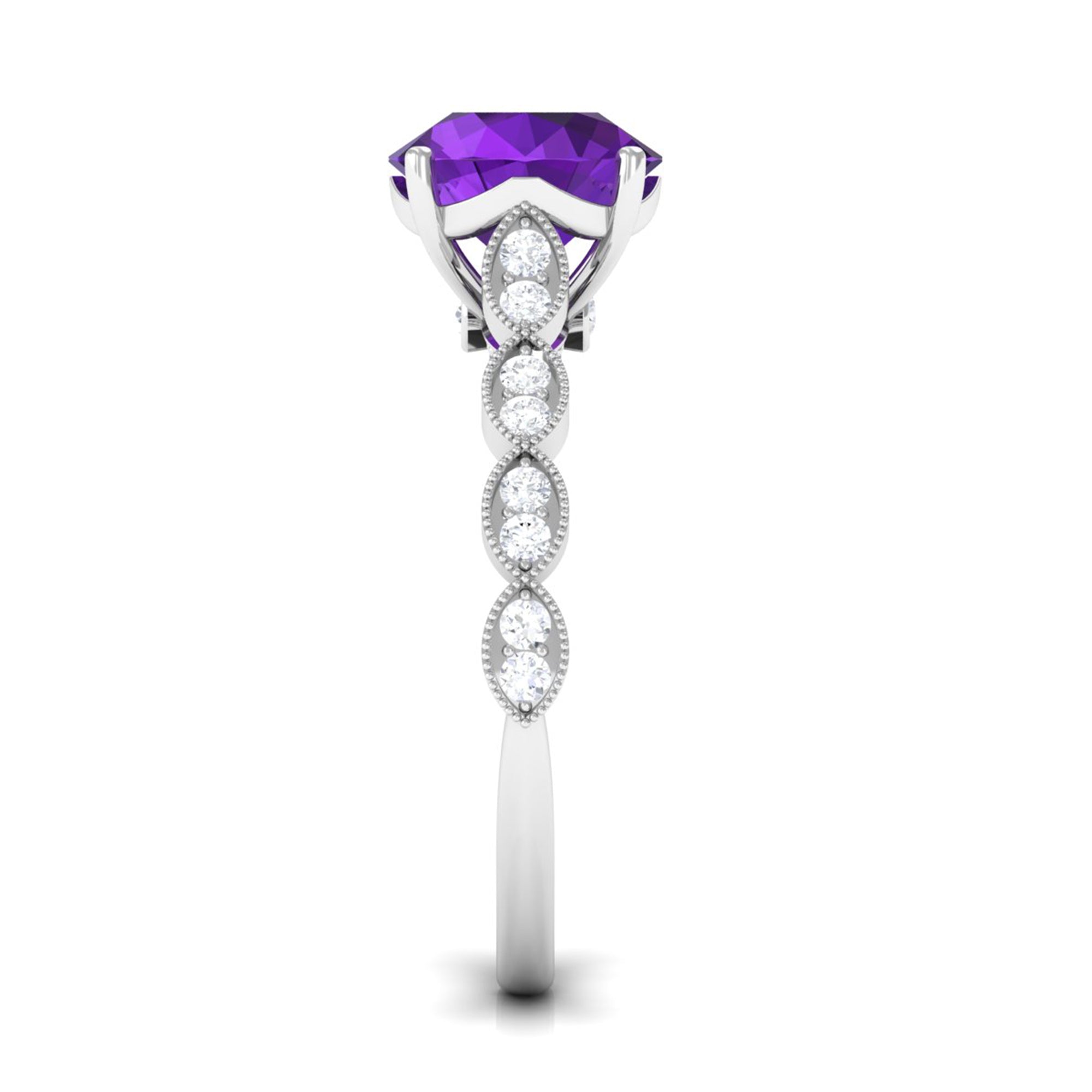 Rosec Jewels-Amethyst and Diamond Solitaire Engagement Ring with Milgrain Details