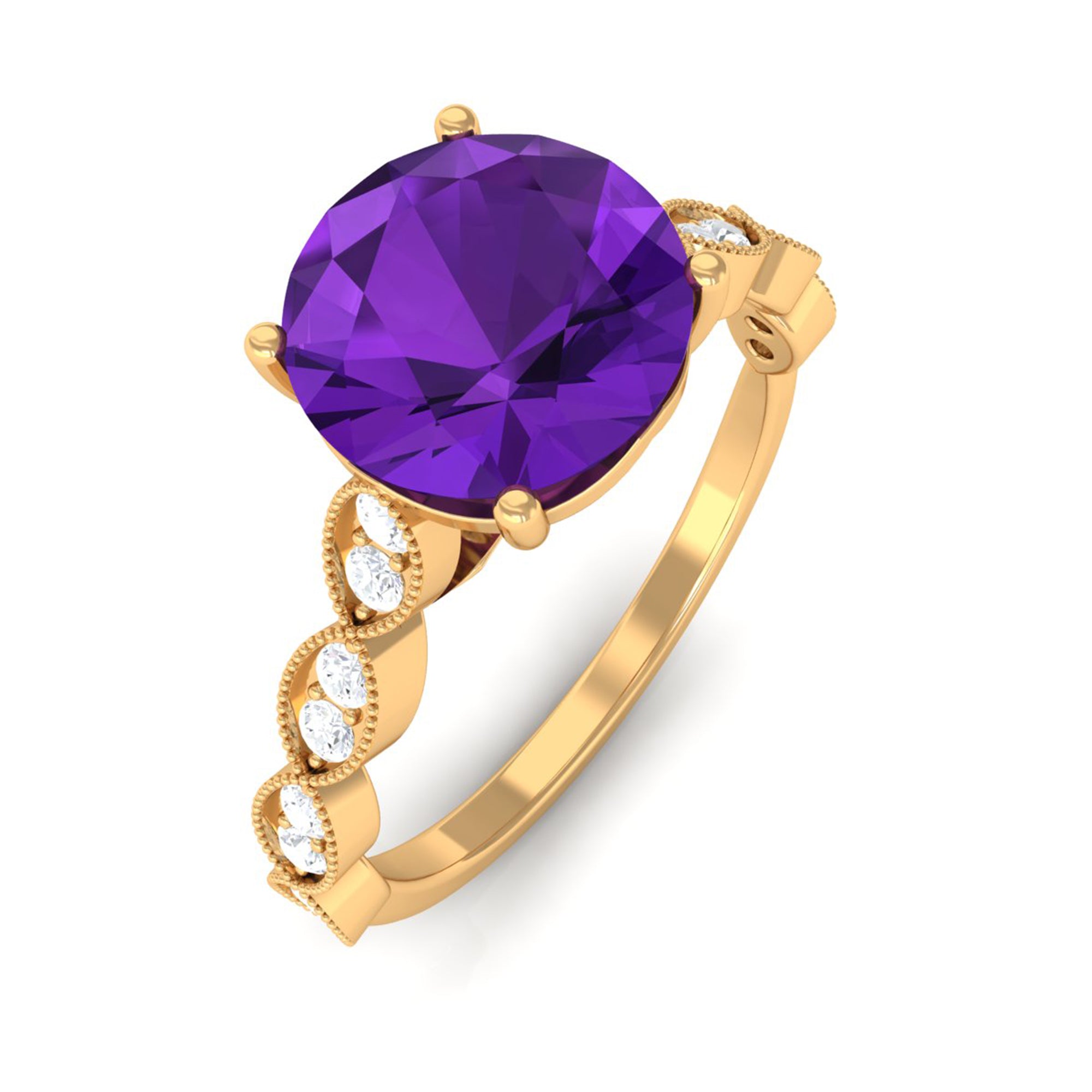 Rosec Jewels-Amethyst and Diamond Solitaire Engagement Ring with Milgrain Details