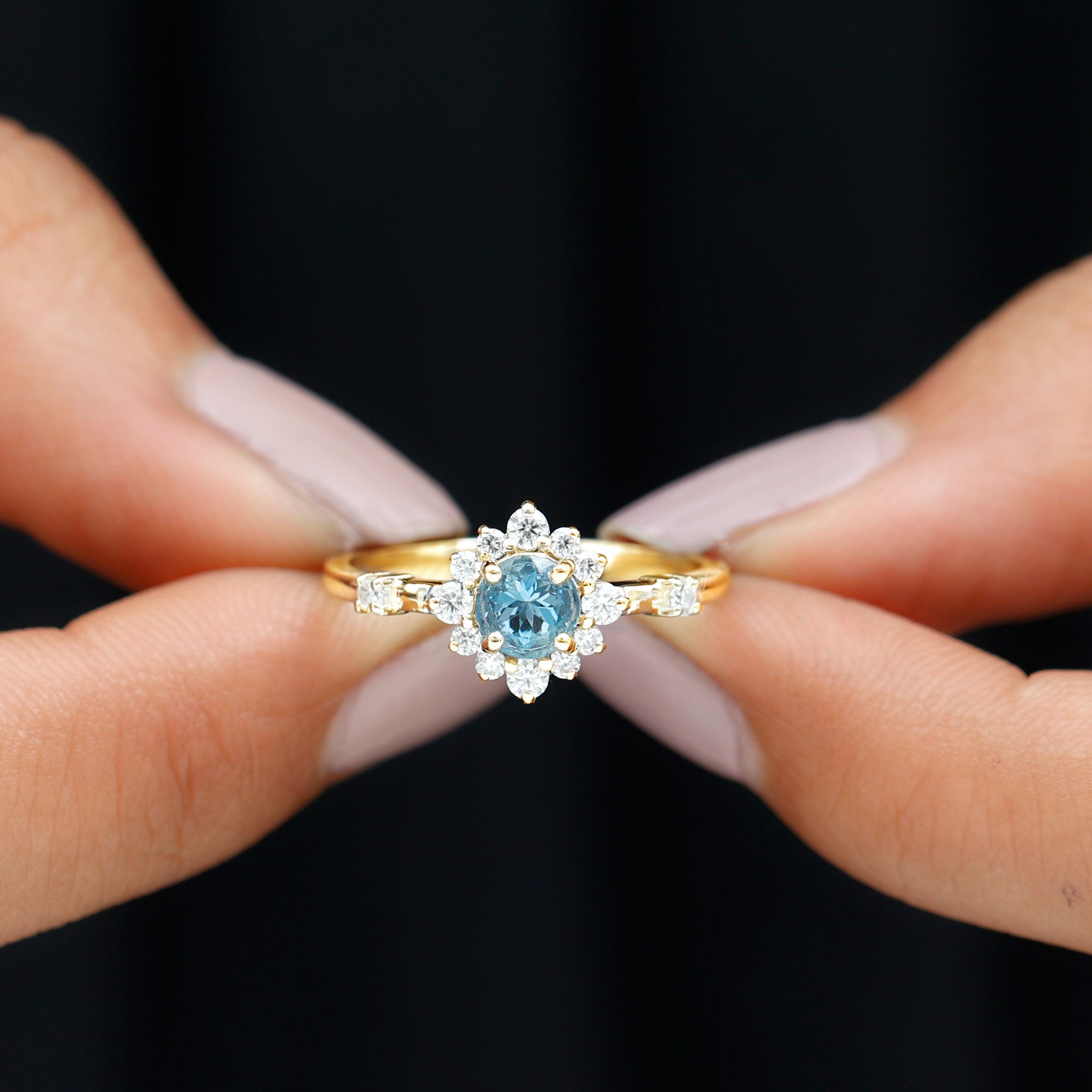 Rosec Jewels-Round Aquamarine and Diamond Classic Halo Ring