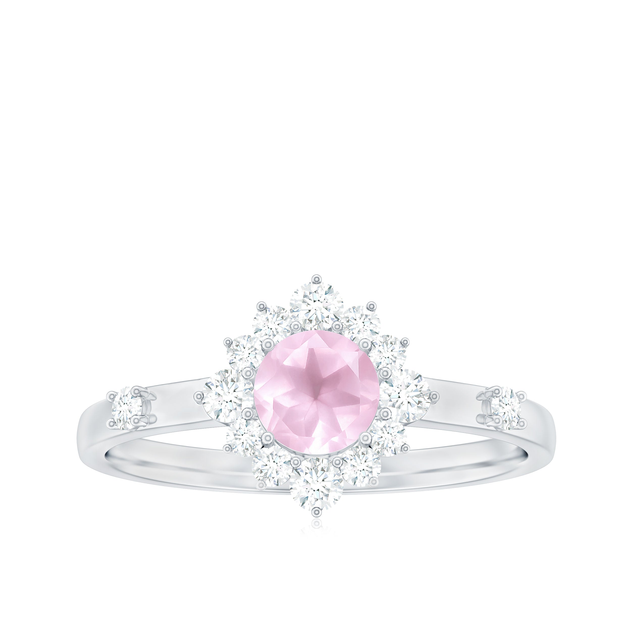 Rosec Jewels-Round Rose Quartz Classic Halo Engagement Ring with Diamond