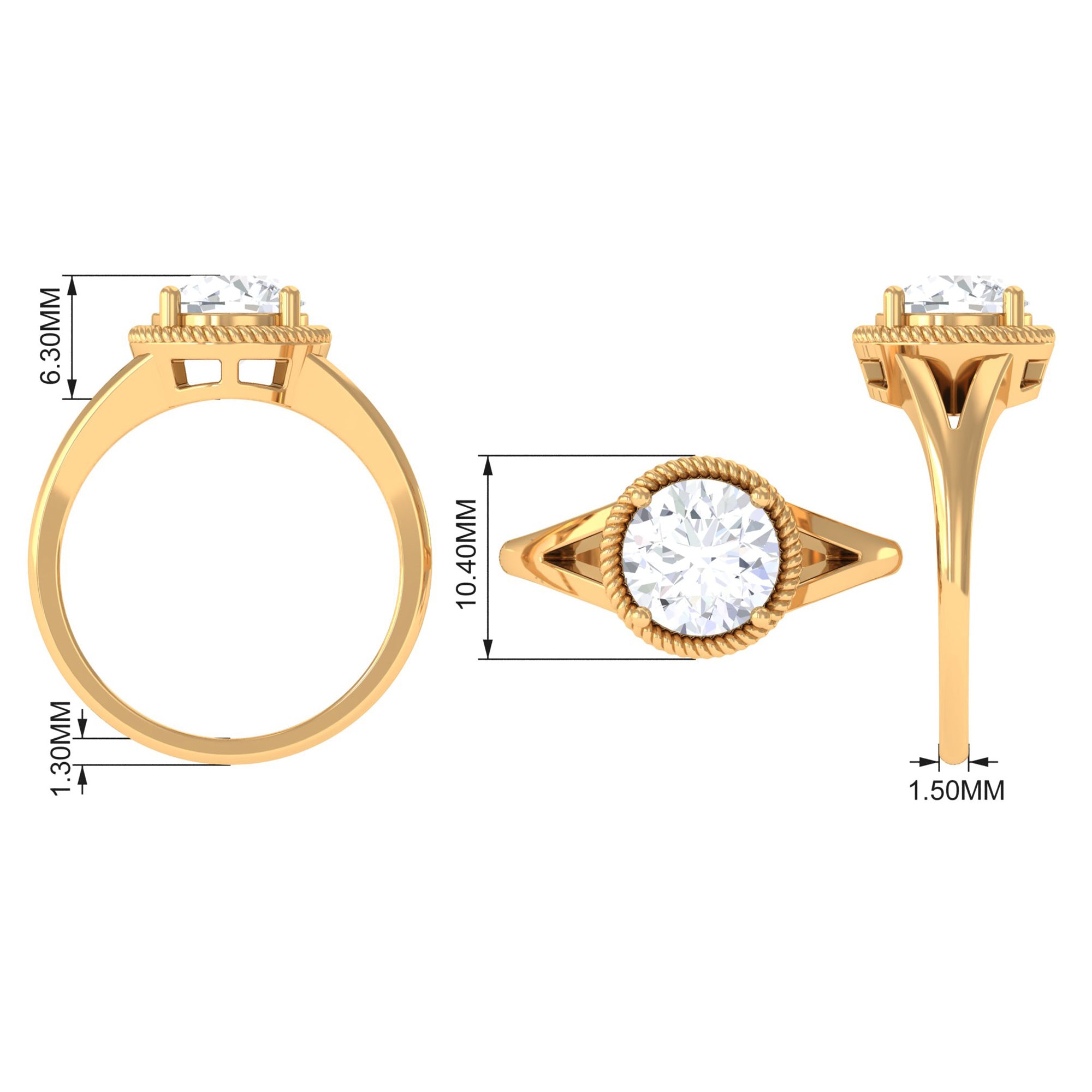 Rosec Jewels-2 CT Round Cubic Zirconia Solitaire Gold Ring in Split Shank