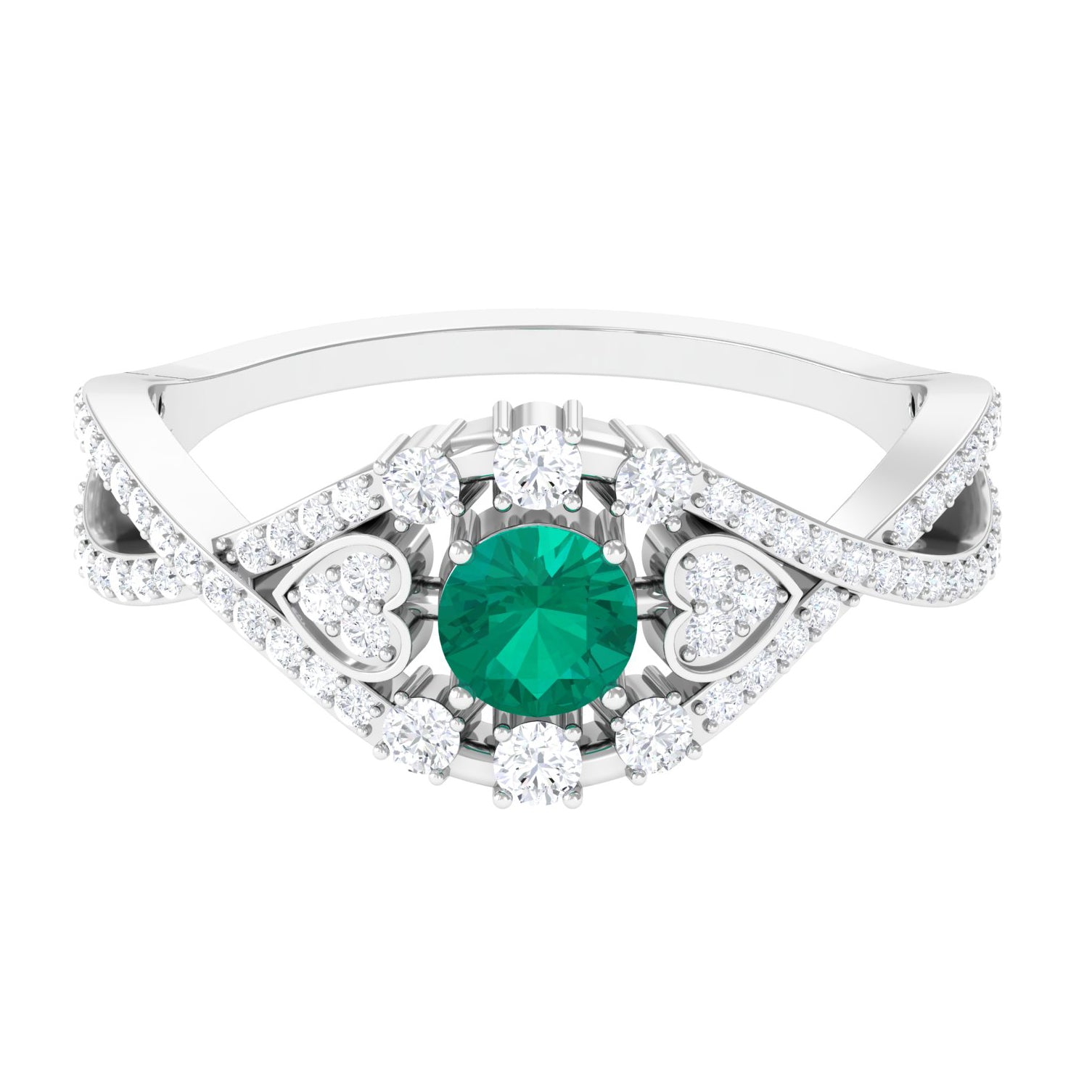 Rosec Jewels-Real Emerald Crossover Engagement Ring with Diamond