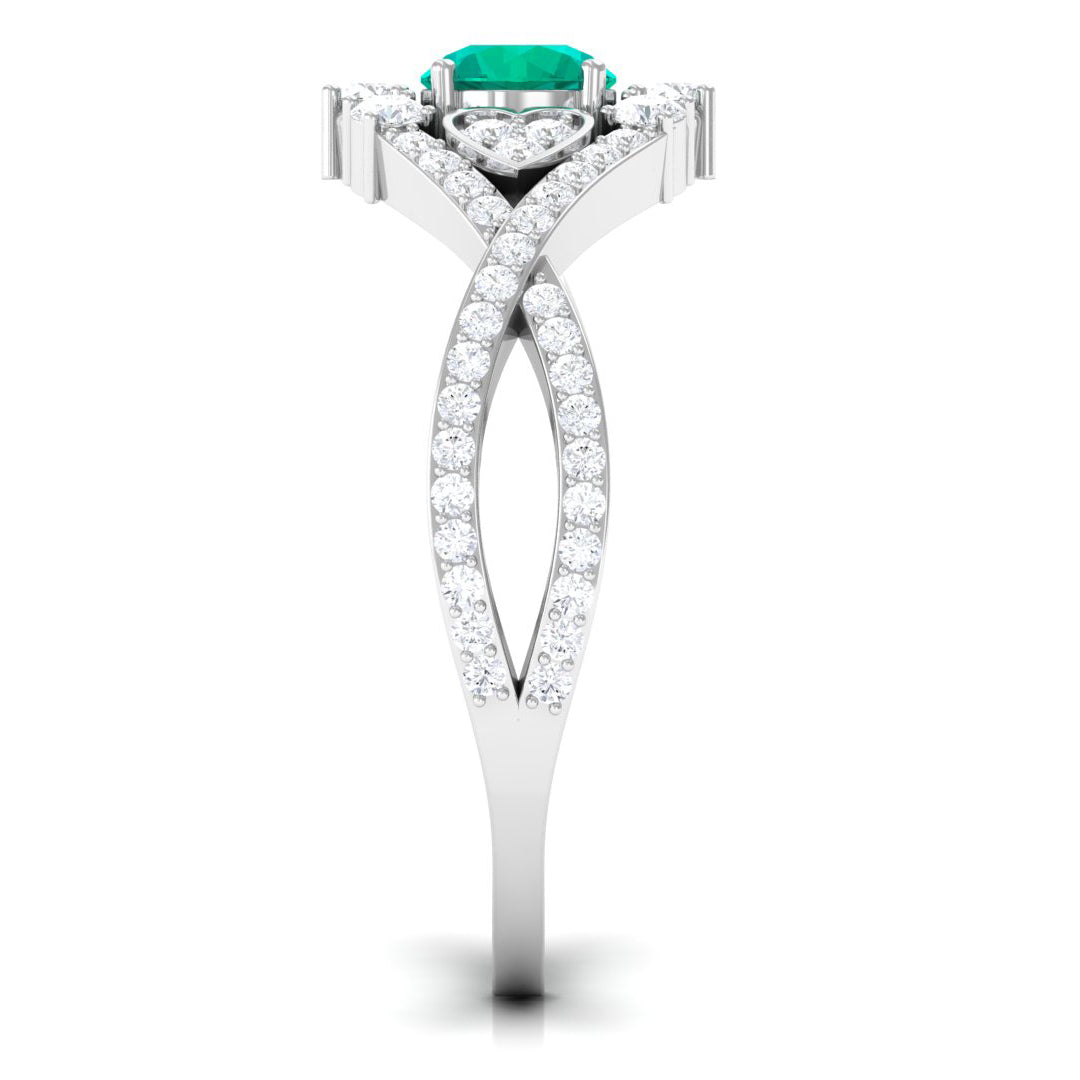 Rosec Jewels-Real Emerald Crossover Engagement Ring with Diamond