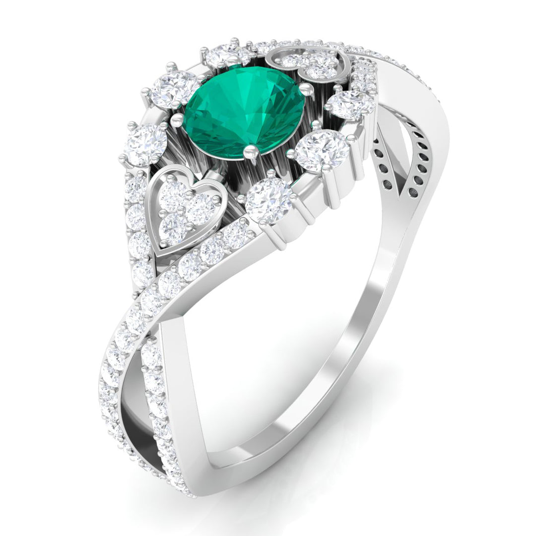 Rosec Jewels-Real Emerald Crossover Engagement Ring with Diamond