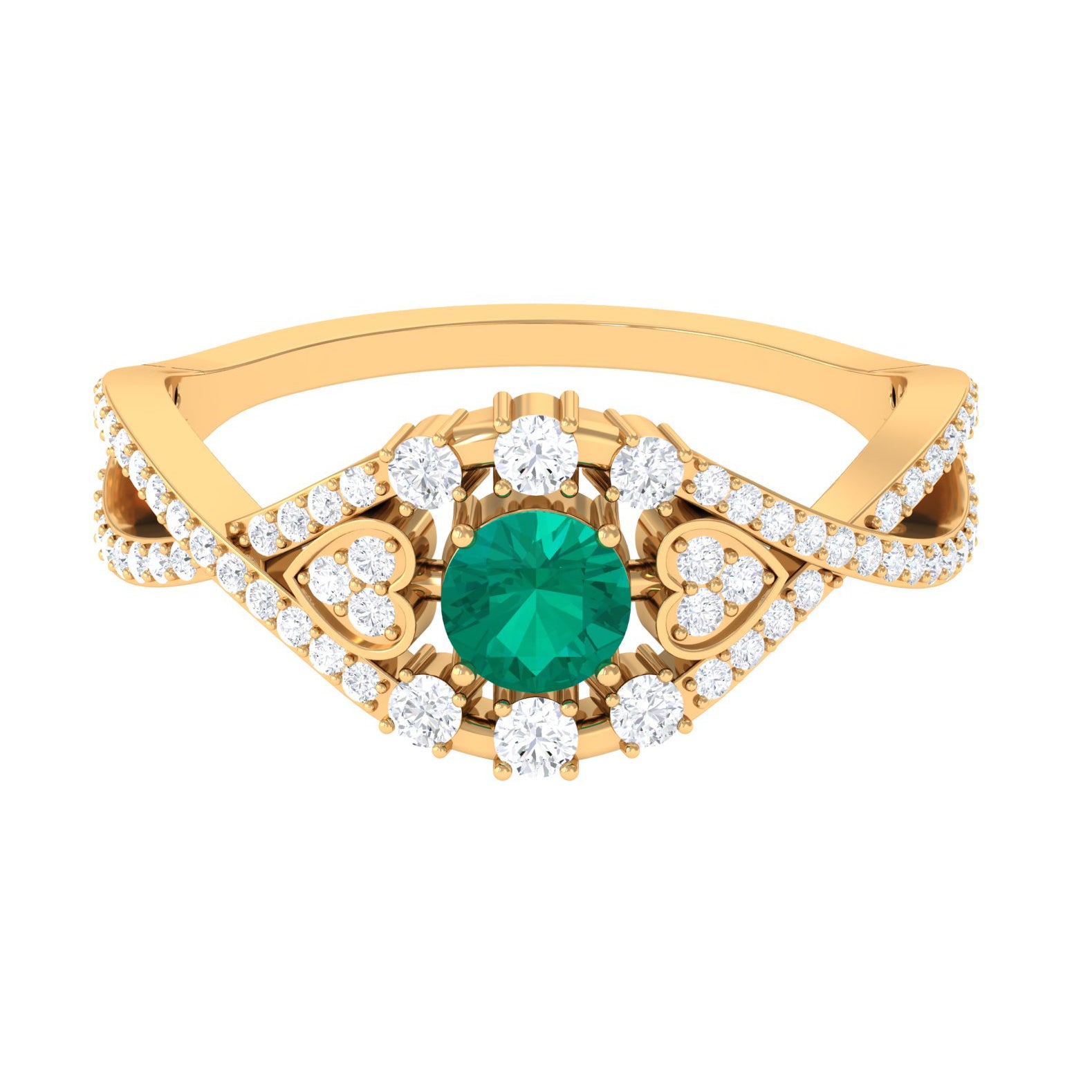 Rosec Jewels-Real Emerald Crossover Engagement Ring with Diamond