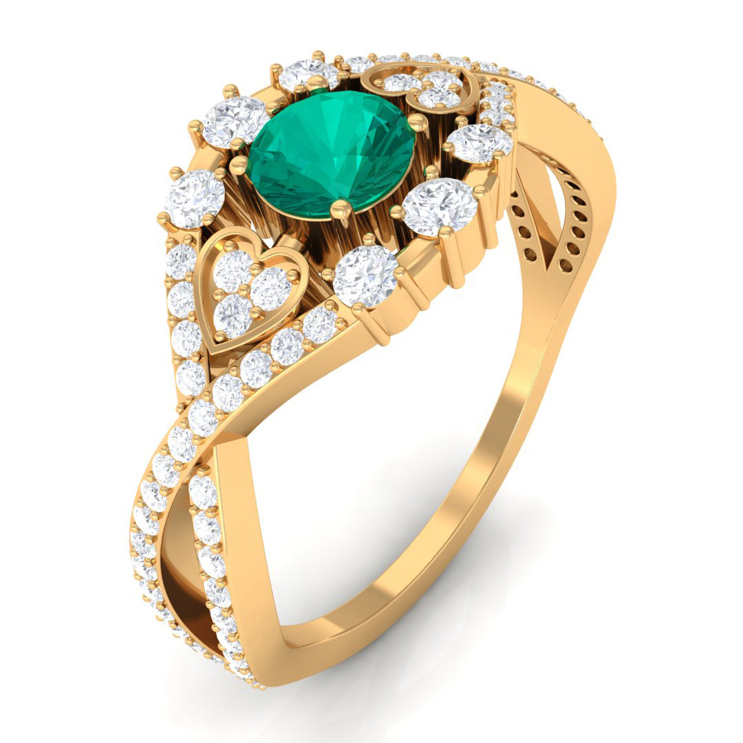 Rosec Jewels-Real Emerald Crossover Engagement Ring with Diamond