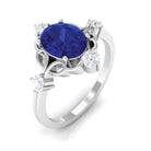 Rosec Jewels-Oval Cut Solitaire Created Blue Sapphire Engagement Ring with Diamond