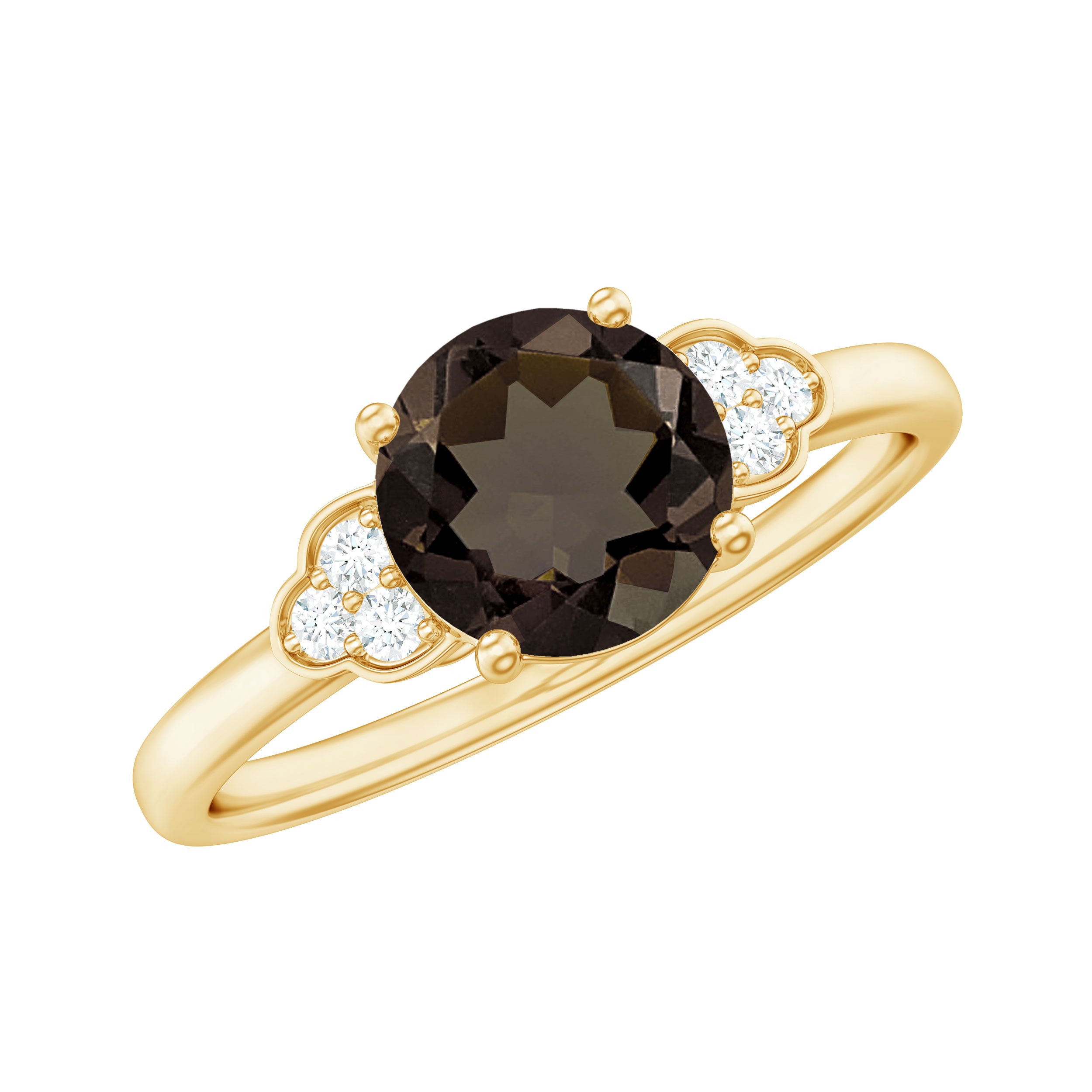 Rosec Jewels-Smoky Quartz Solitaire Engagement Ring with Diamond Trio