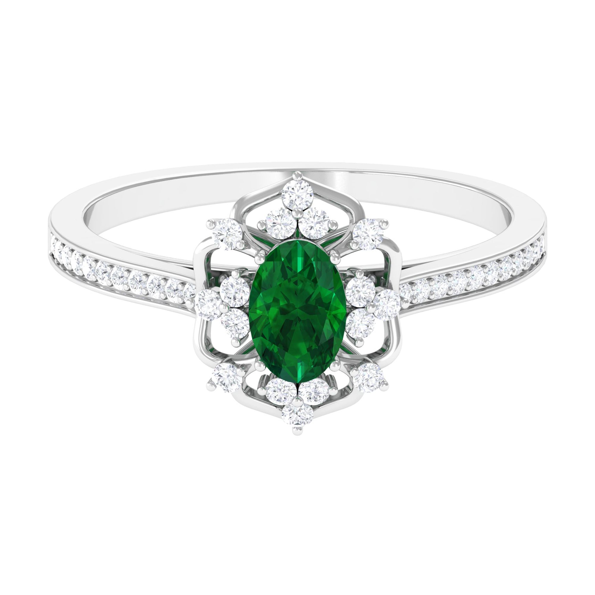 Rosec Jewels-Vintage Style Created Emerald and Diamond Flower Engagement Ring