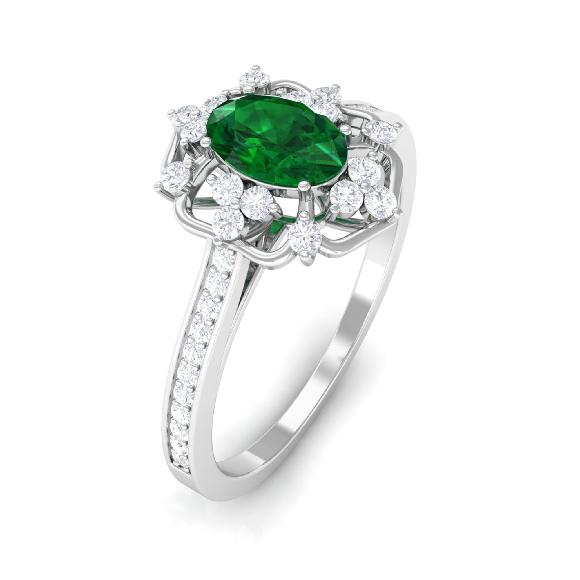 Rosec Jewels-Vintage Style Created Emerald and Diamond Flower Engagement Ring