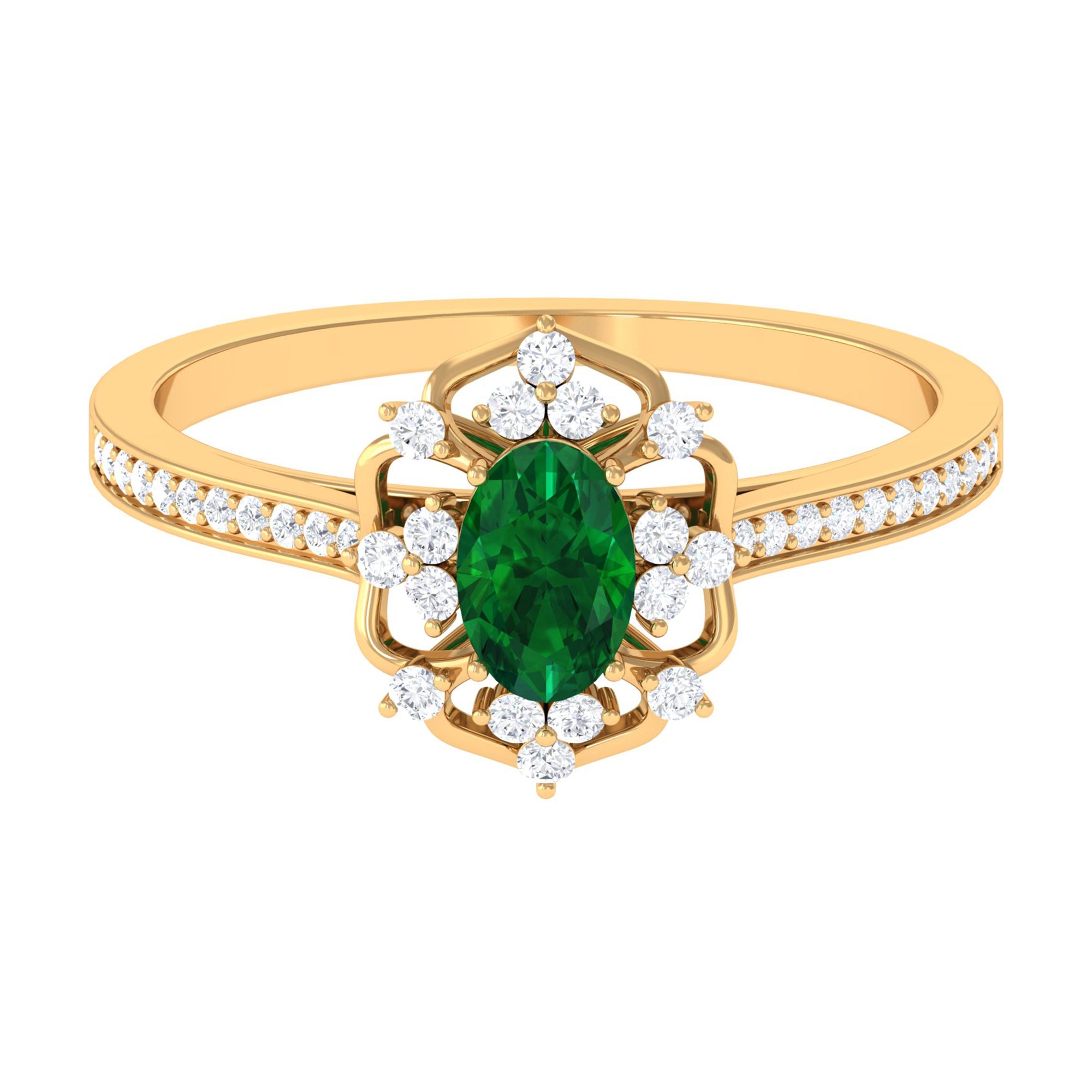 Rosec Jewels-Vintage Style Created Emerald and Diamond Flower Engagement Ring