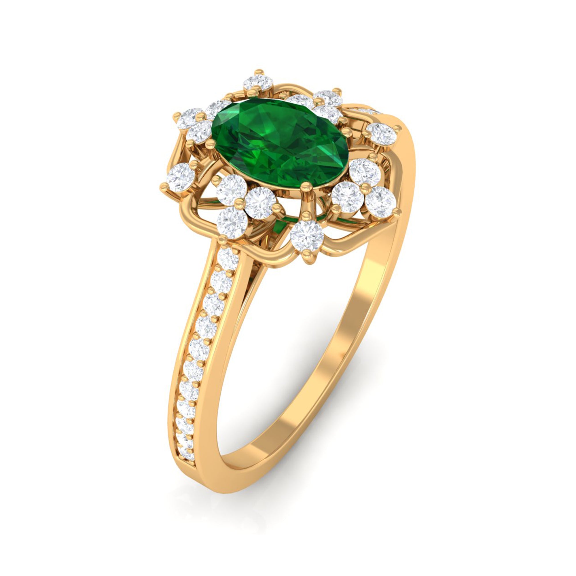 Rosec Jewels-Vintage Style Created Emerald and Diamond Flower Engagement Ring