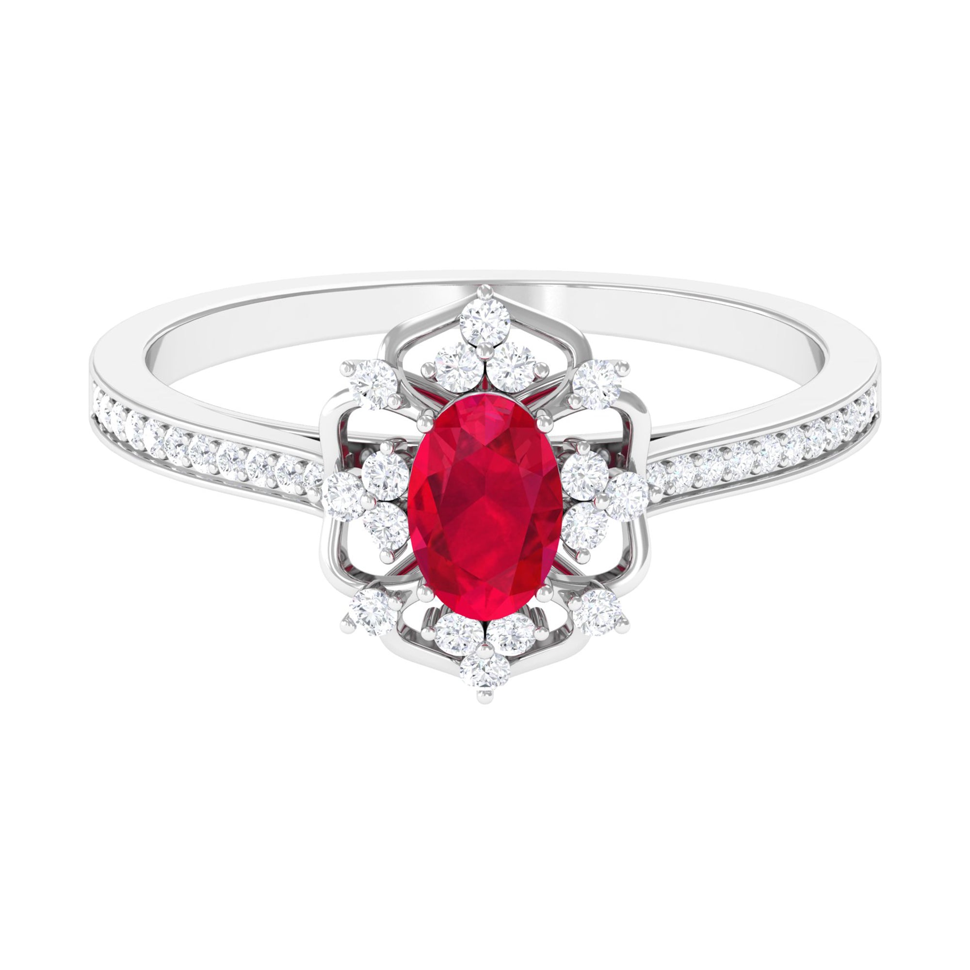 Rosec Jewels-Vintage Style Lab-Created Ruby and Diamond Flower Engagement Ring