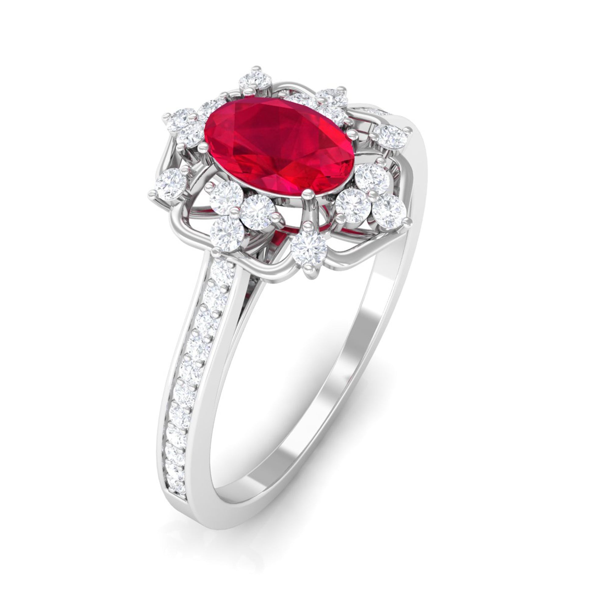 Rosec Jewels-Vintage Style Lab-Created Ruby and Diamond Flower Engagement Ring