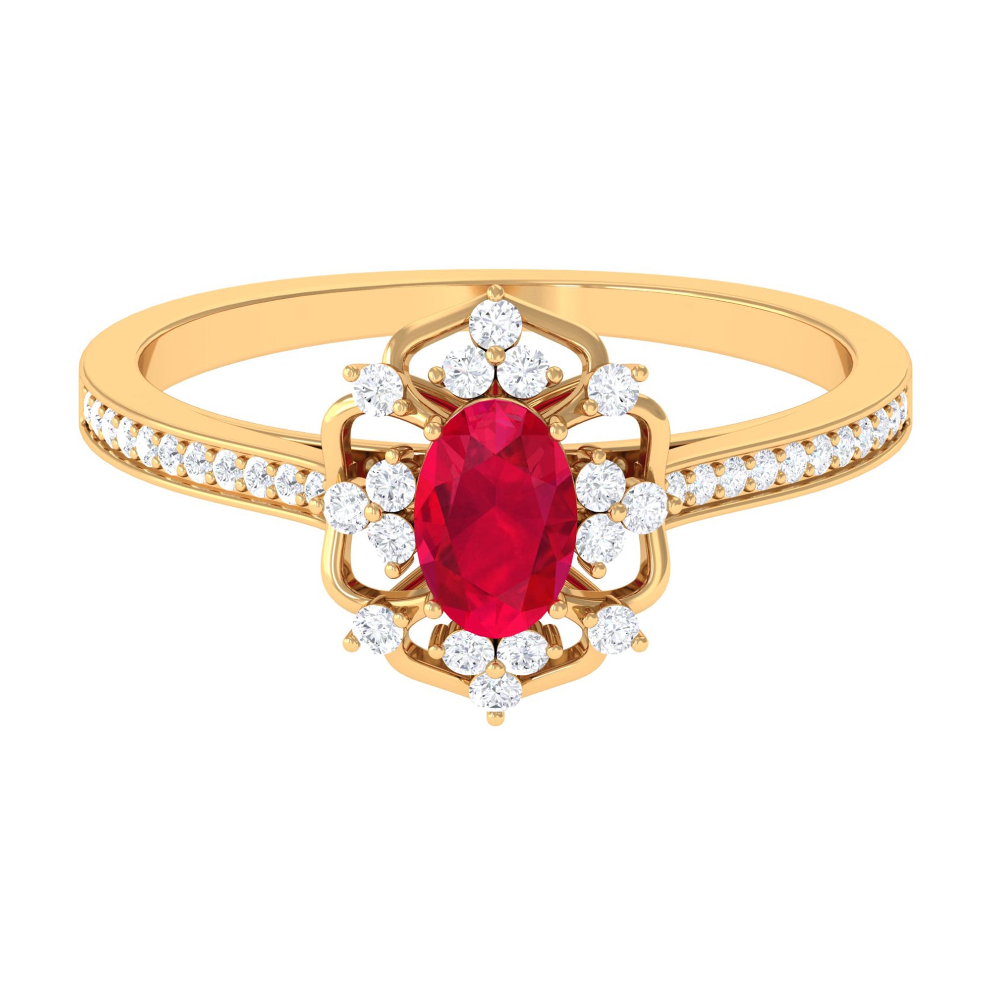 Rosec Jewels-Vintage Style Lab-Created Ruby and Diamond Flower Engagement Ring