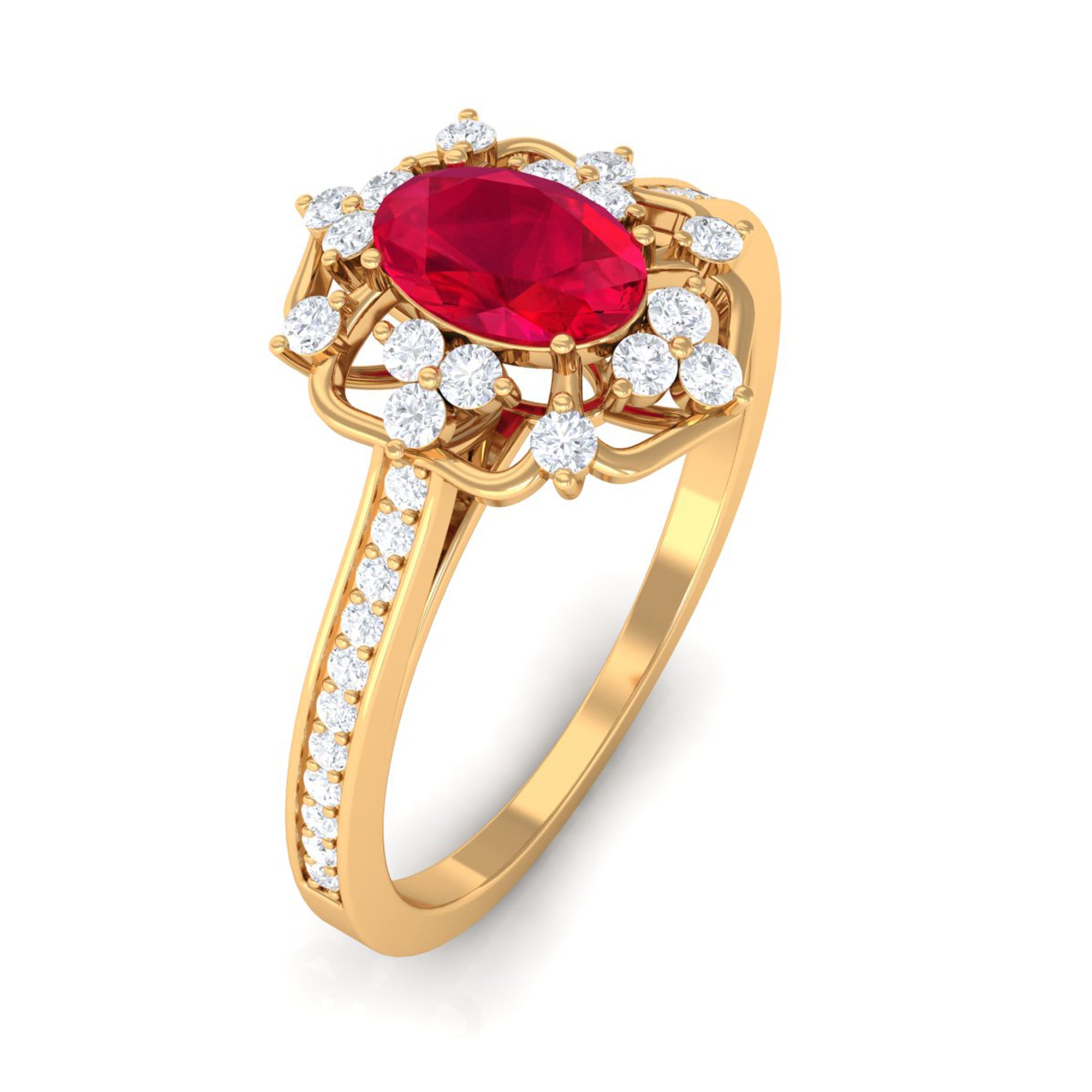 Rosec Jewels-Vintage Style Lab-Created Ruby and Diamond Flower Engagement Ring