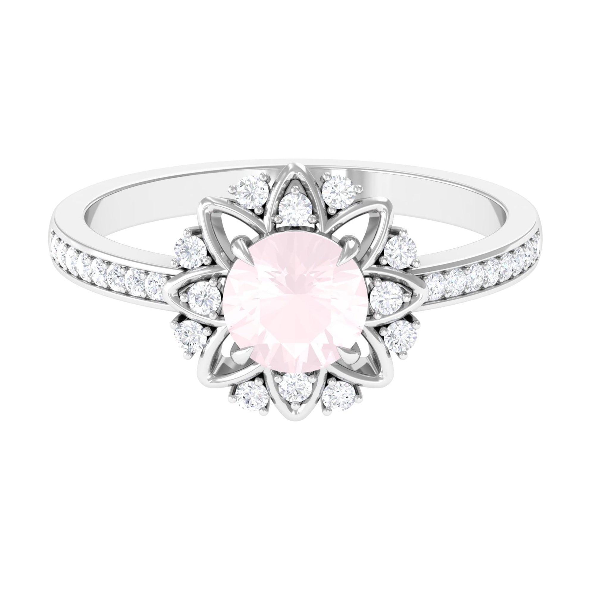 Rosec Jewels-Round Rose Quartz and Diamond Flower Engagement Ring