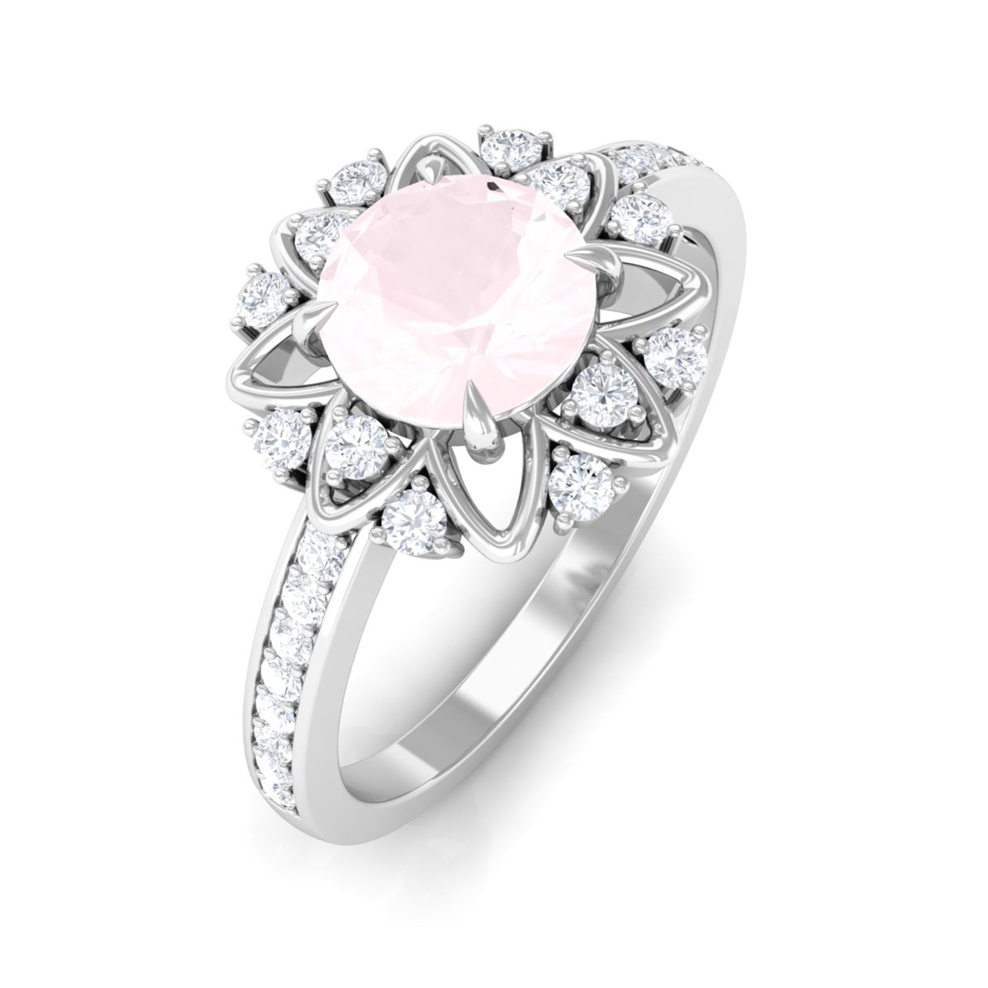 Rosec Jewels-Round Rose Quartz and Diamond Flower Engagement Ring