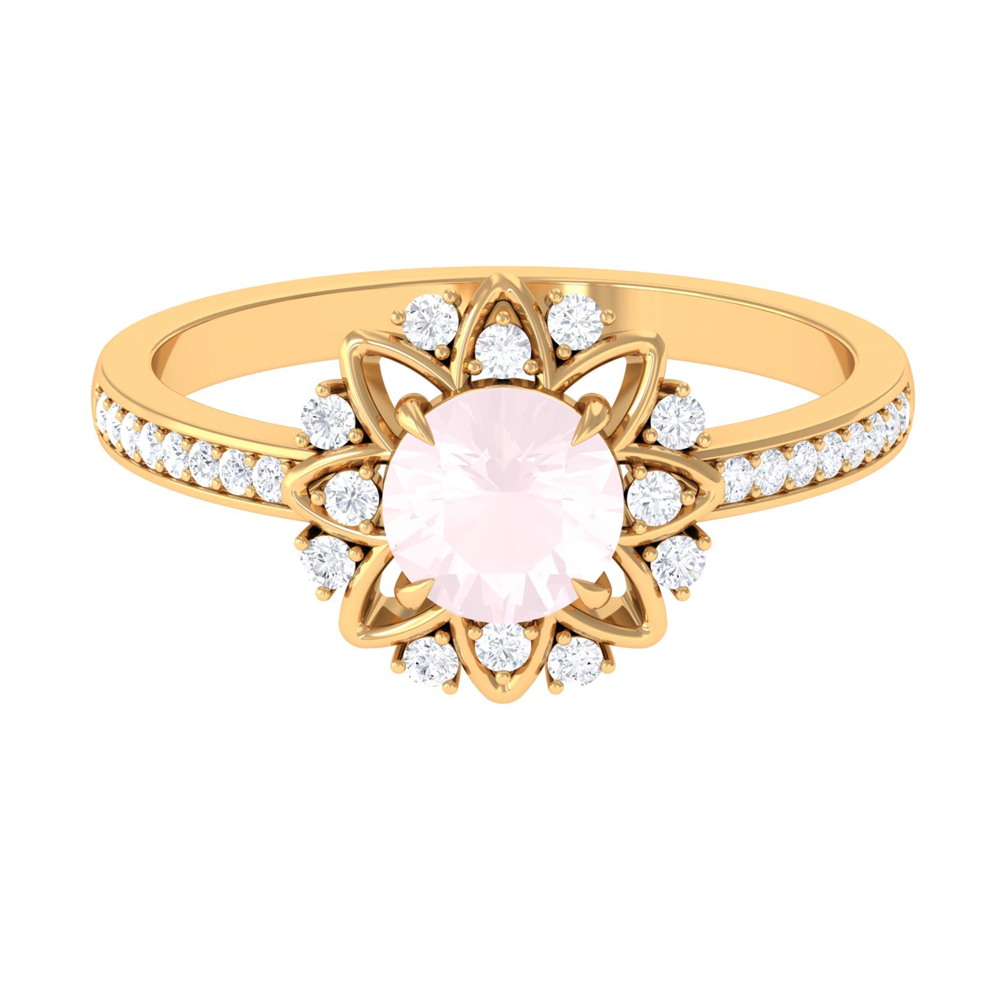 Rosec Jewels-Round Rose Quartz and Diamond Flower Engagement Ring