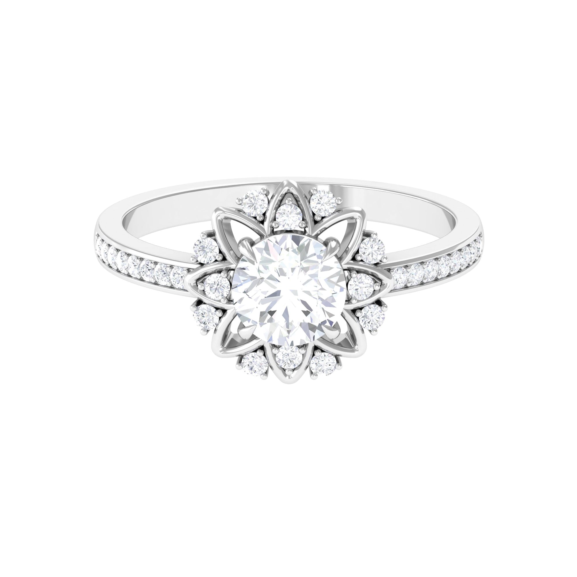 Rosec Jewels-1.5 CT Round Certified Moissanite Flower Engagement Ring