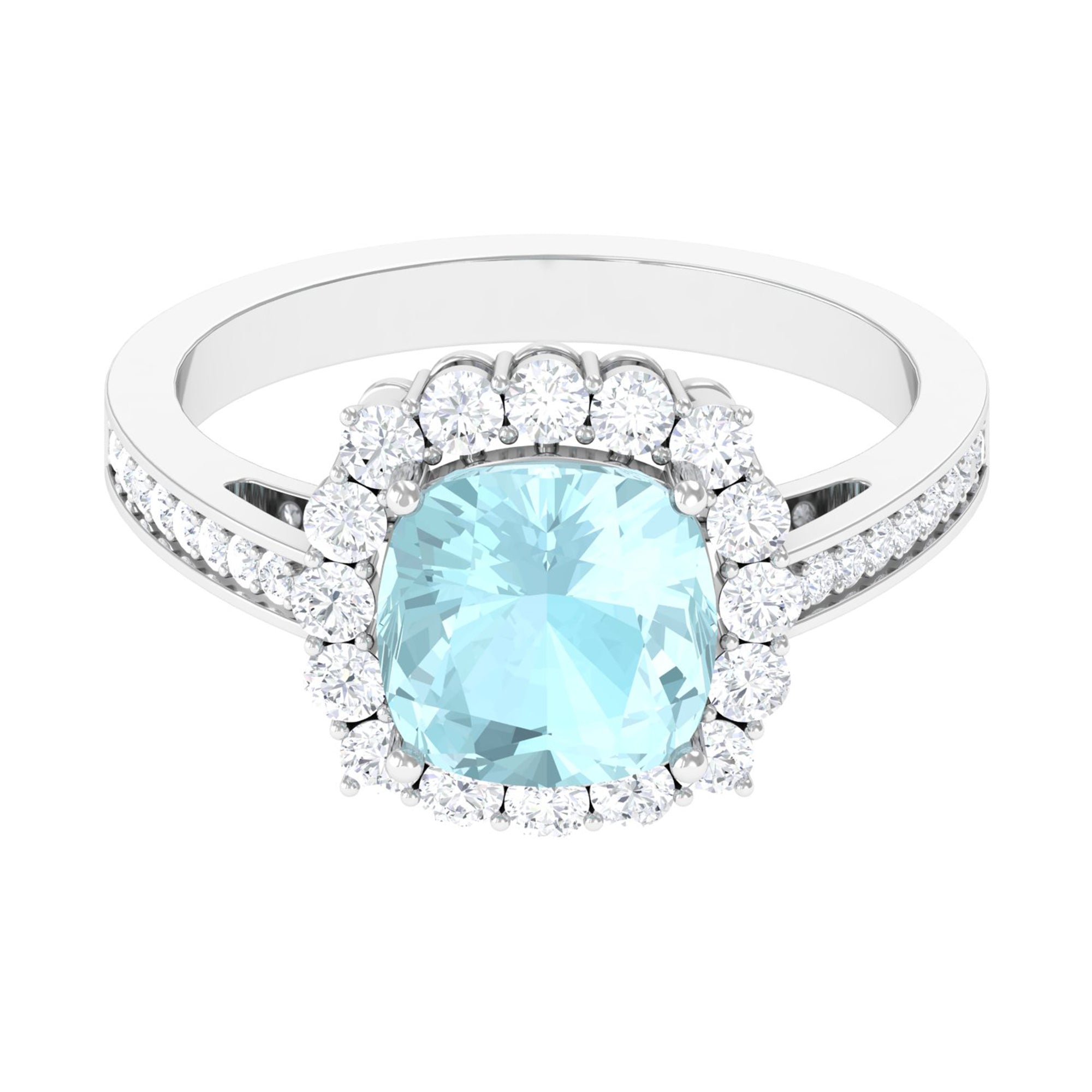 Rosec Jewels-Cushion Cut Sky Blue Topaz Halo Engagement Ring with Moissanite