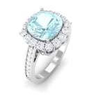 Rosec Jewels-Cushion Cut Sky Blue Topaz Halo Engagement Ring with Moissanite