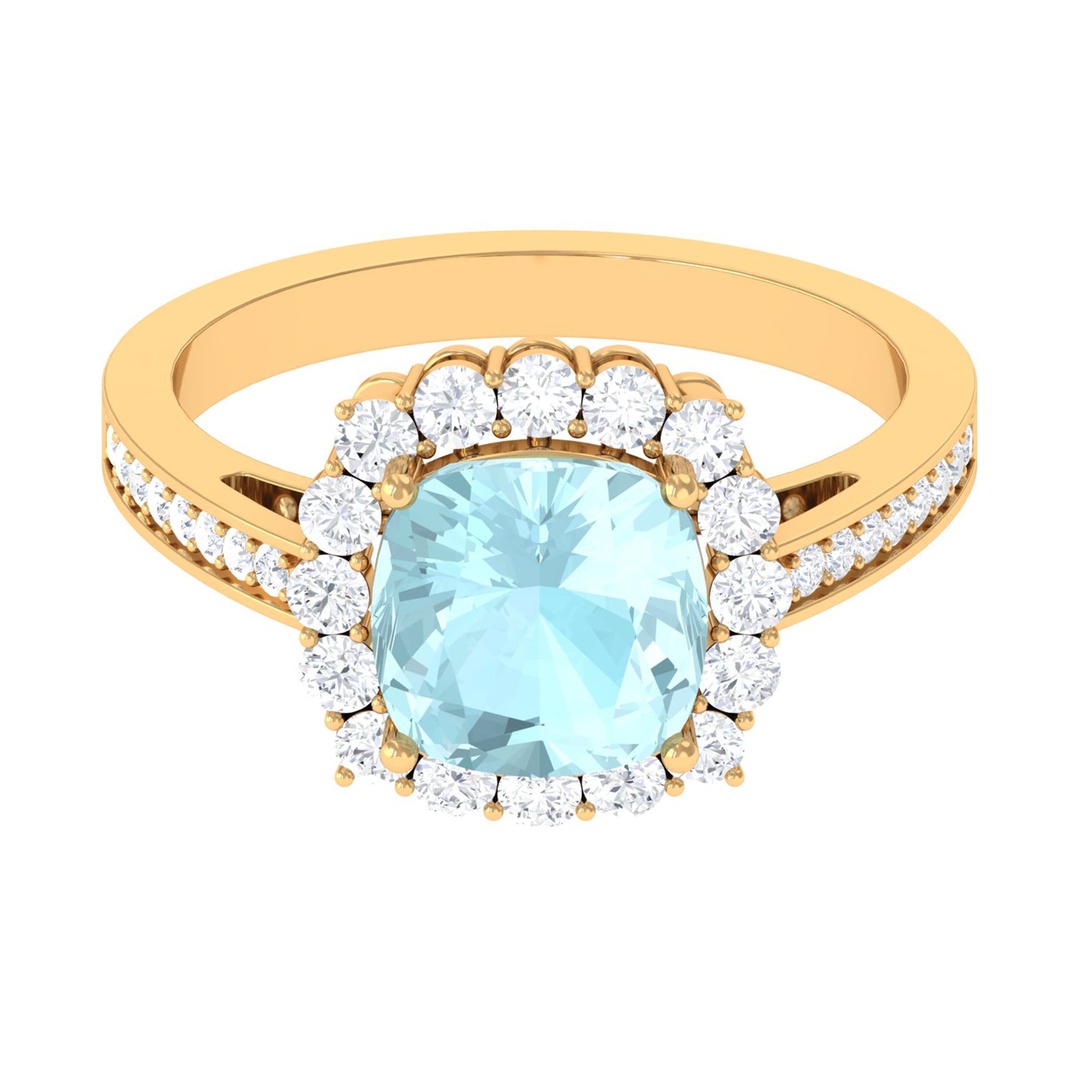 Rosec Jewels-Cushion Cut Sky Blue Topaz Halo Engagement Ring with Moissanite